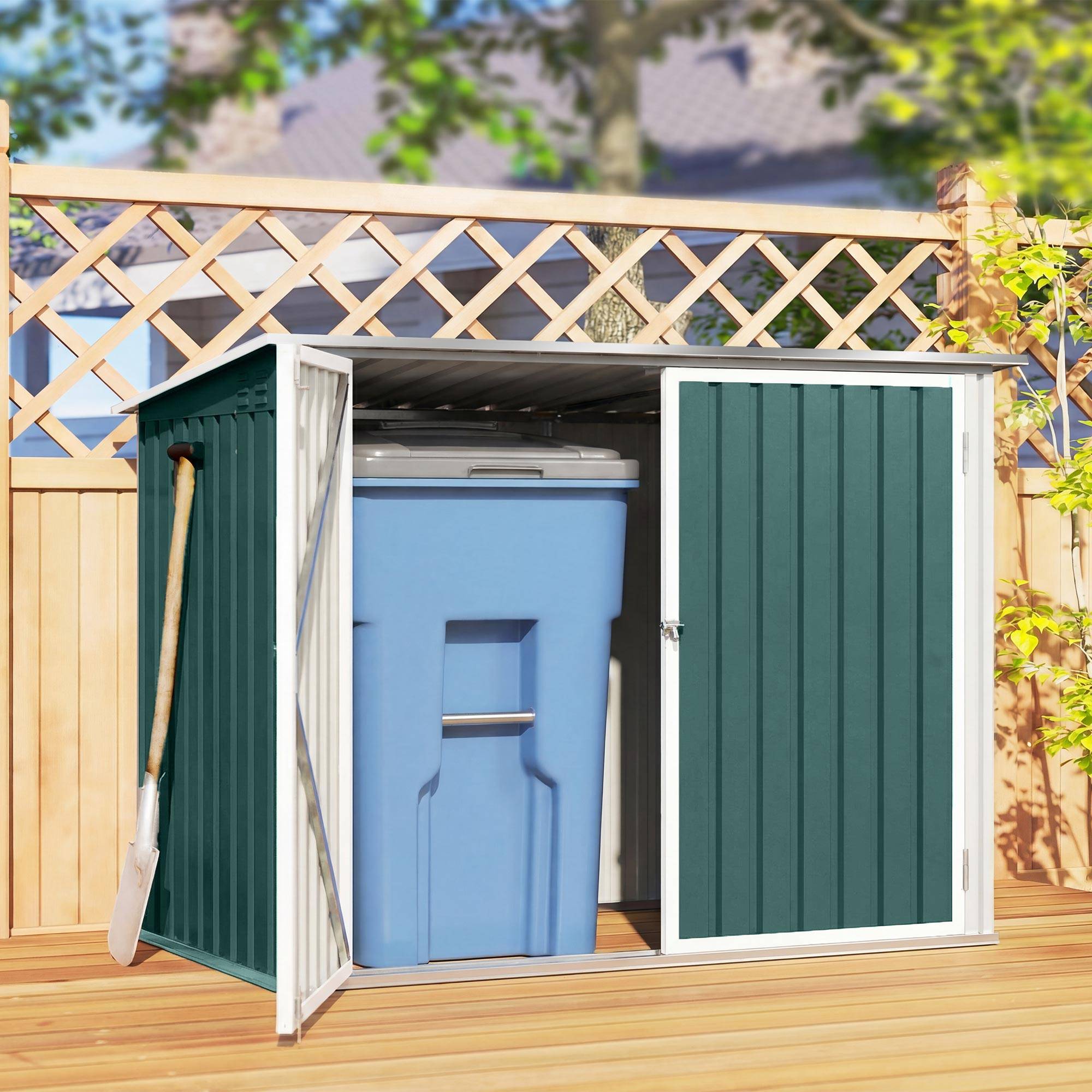 Sans Marque - Cache Poubelle Extérieur en Acier Galvanisé pour 2 Poubelles, Double Porte, Couvercle Pneumatique, 180x108x130cm, Vert - Image 4
