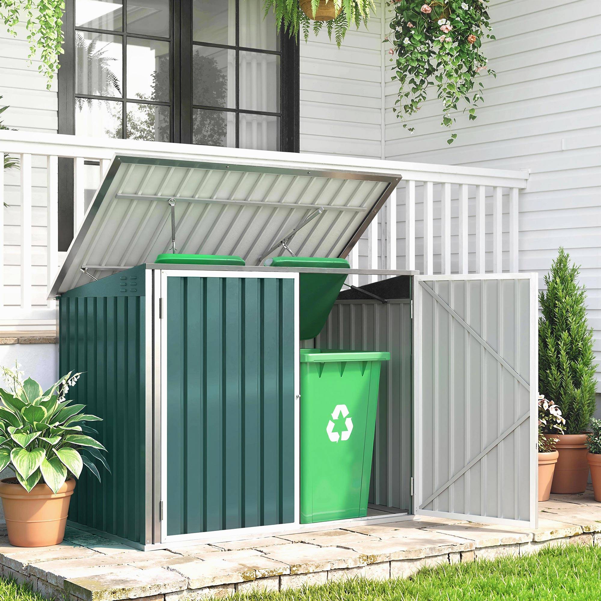 Sans Marque - Cache Poubelle Extérieur en Acier Galvanisé pour 2 Poubelles, Double Porte, Couvercle Pneumatique, 180x108x130cm, Vert - Image 3