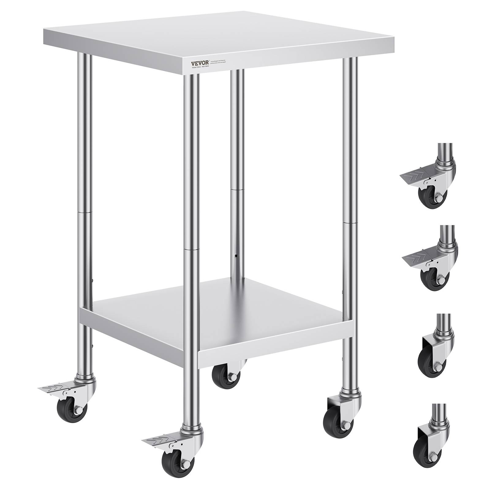 Vevor - VEVOR Table travail inox 61x61x96cm, charge 317.5kg, 4 roulettes, 3 hauteurs, cuisine, restaurant. - Image 1