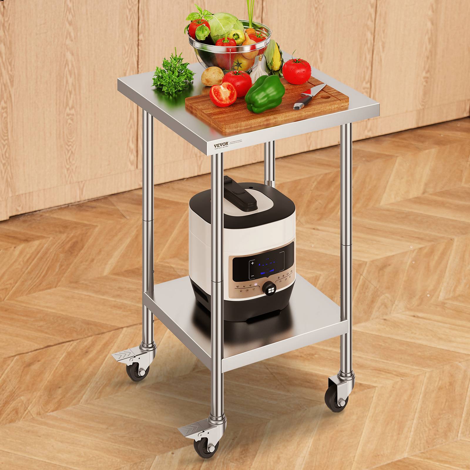 Vevor - VEVOR Table travail inox 61x61x96cm, charge 317.5kg, 4 roulettes, 3 hauteurs, cuisine, restaurant. - Image 8