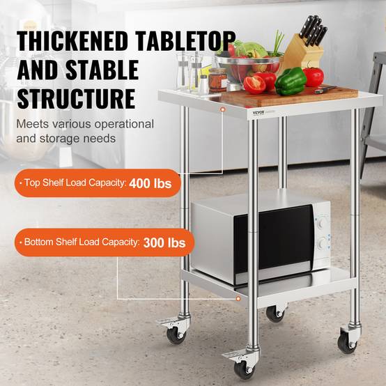 Vevor - VEVOR Table travail inox 61x61x96cm, charge 317.5kg, 4 roulettes, 3 hauteurs, cuisine, restaurant. - Image 3