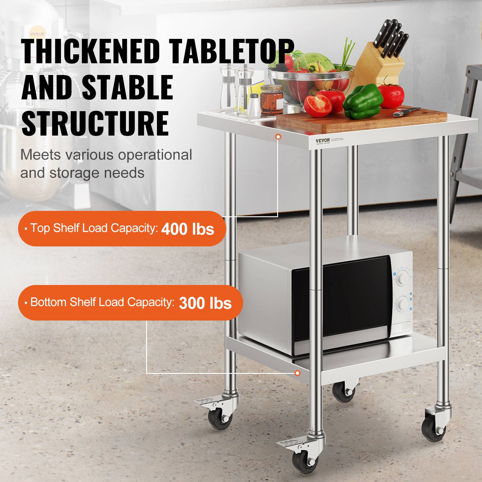 Vevor - VEVOR Table travail inox 61x61x96cm, charge 317.5kg, 4 roulettes, 3 hauteurs, cuisine, restaurant. - Image 3