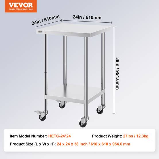 Vevor - VEVOR Table travail inox 61x61x96cm, charge 317.5kg, 4 roulettes, 3 hauteurs, cuisine, restaurant. - Image 7