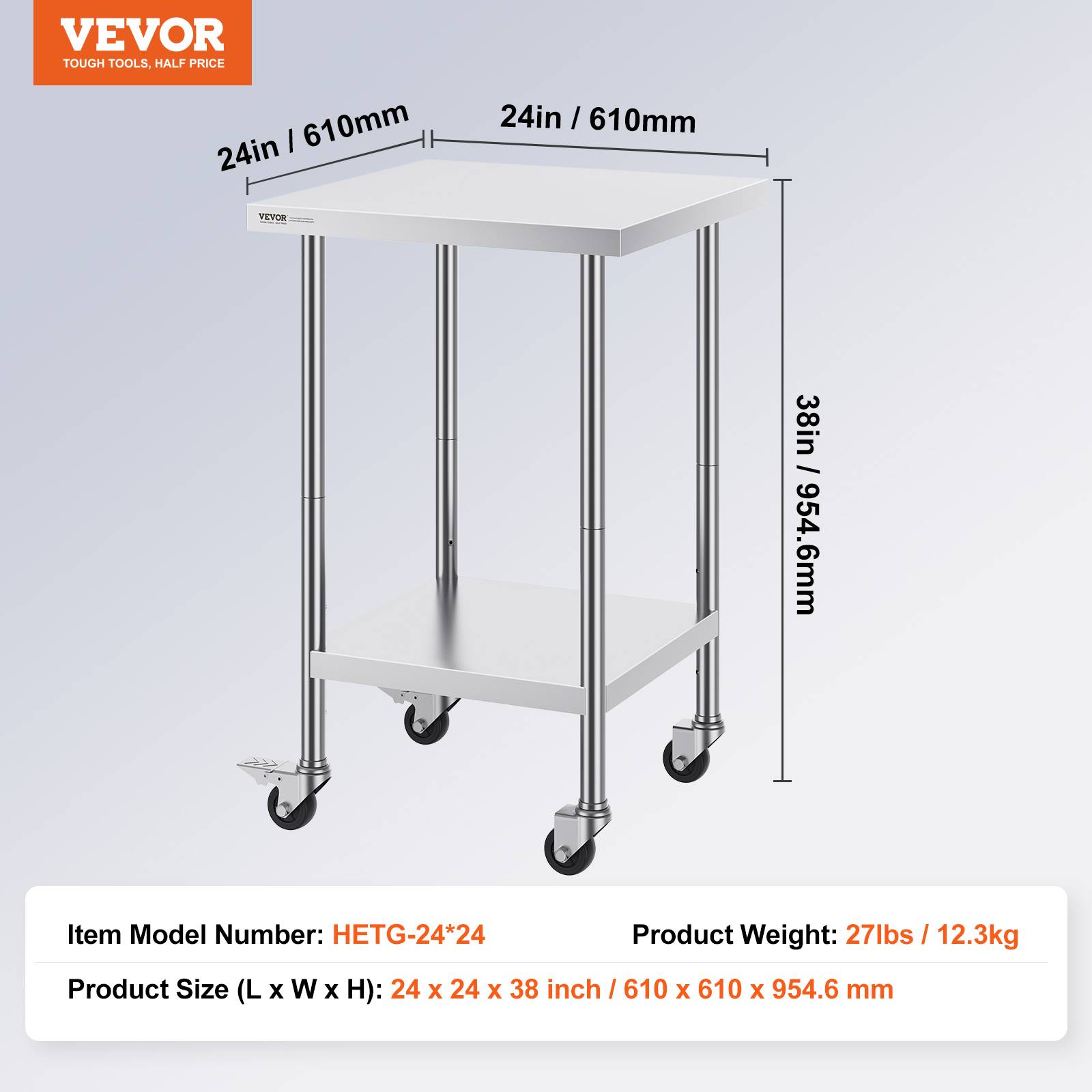 Vevor - VEVOR Table travail inox 61x61x96cm, charge 317.5kg, 4 roulettes, 3 hauteurs, cuisine, restaurant. - Image 7