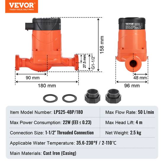 VEVOR Pompe circulation eau chaude LPS25-4BP-180, 50 L/min, 220V 22W, hauteur 4m, pour système chauffe-eau. - Image 7