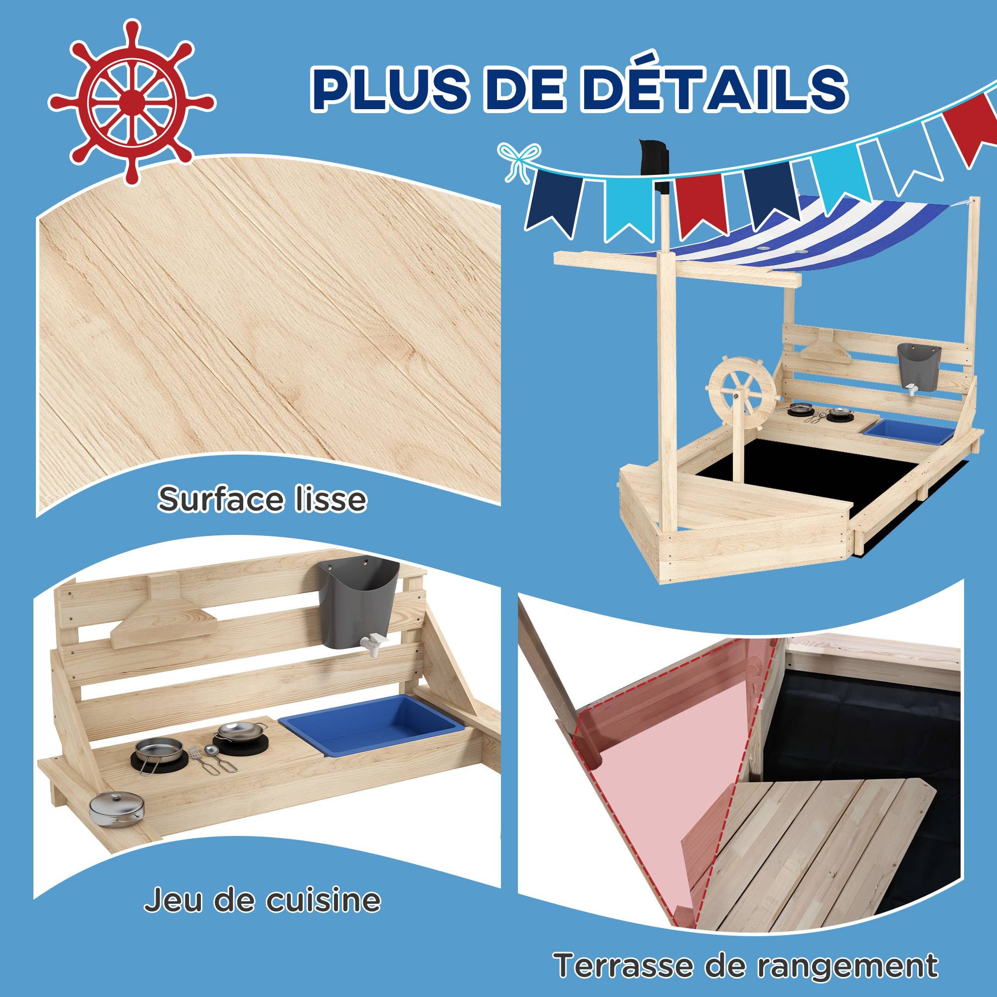 Bac à sable en bois avec jeu de cuisine 6 accessoires coffre rangement gouvernail drapeau 180 x 103 x 144,5 cm naturel - Image 9