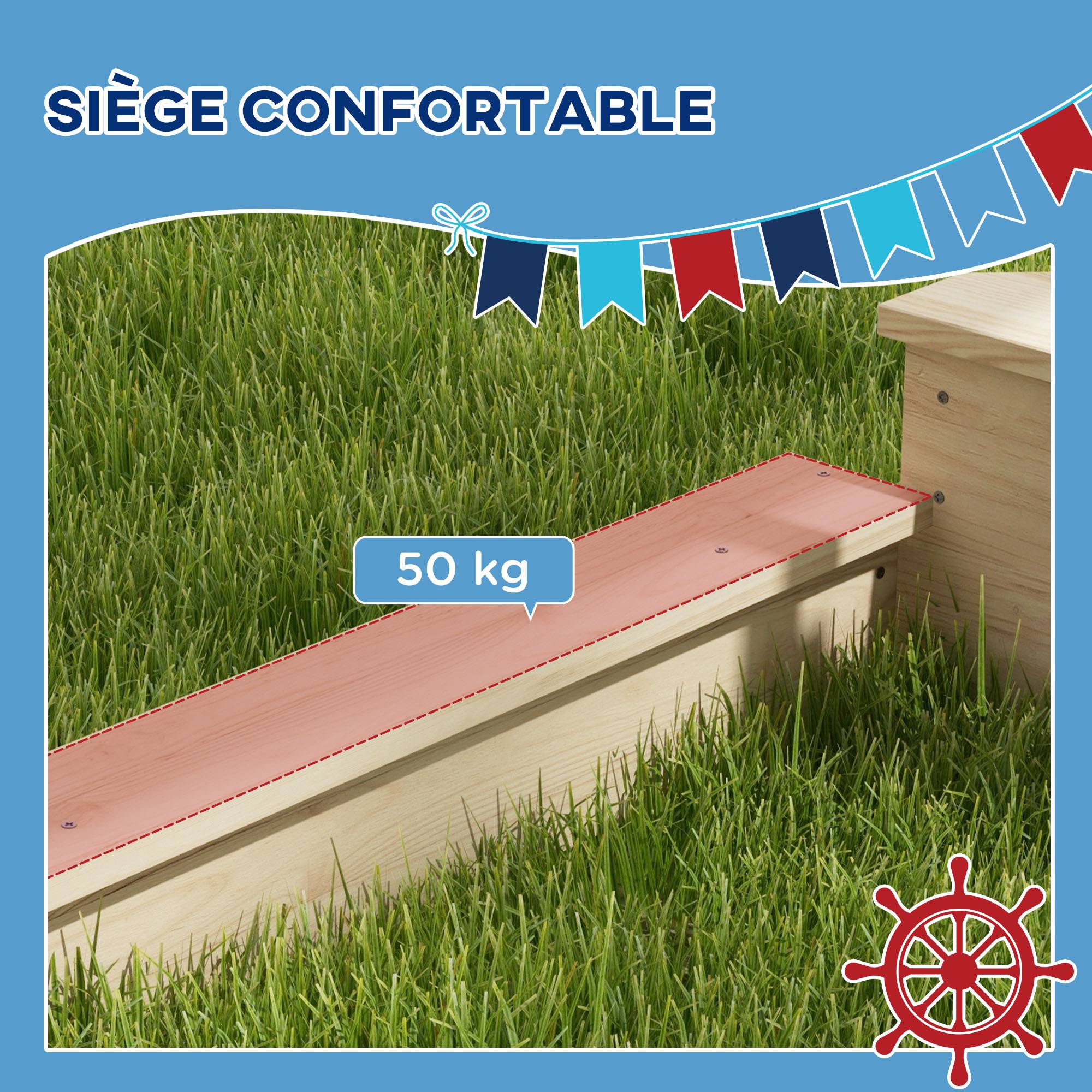 Bac à sable en bois avec jeu de cuisine 6 accessoires coffre rangement gouvernail drapeau 180 x 103 x 144,5 cm naturel - Image 8