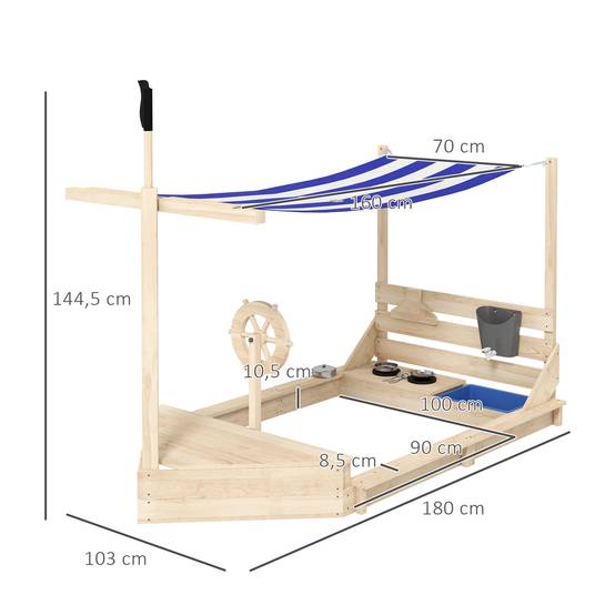 Bac à sable en bois avec jeu de cuisine 6 accessoires coffre rangement gouvernail drapeau 180 x 103 x 144,5 cm naturel - Image 5