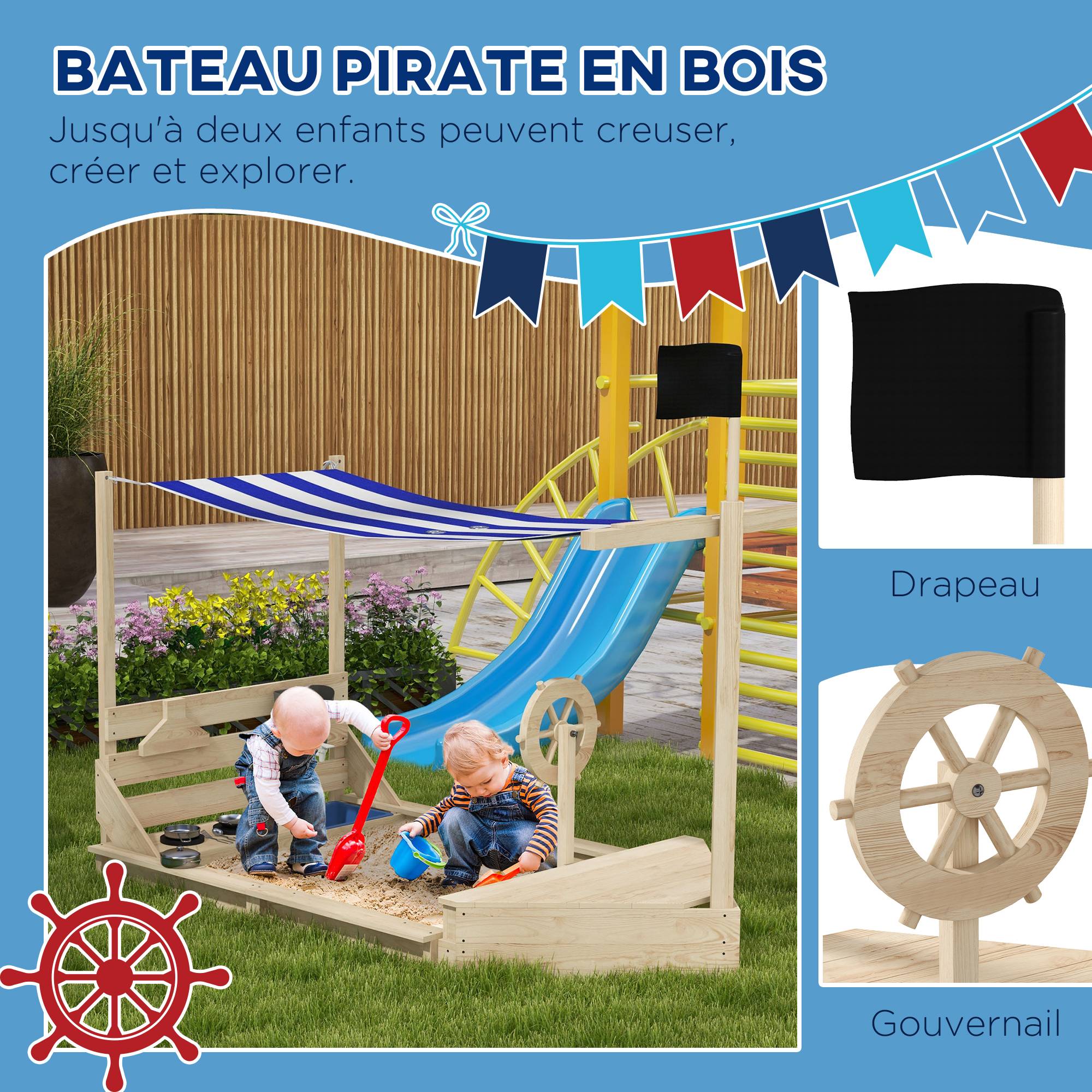 Bac à sable en bois avec jeu de cuisine 6 accessoires coffre rangement gouvernail drapeau 180 x 103 x 144,5 cm naturel - Image 6