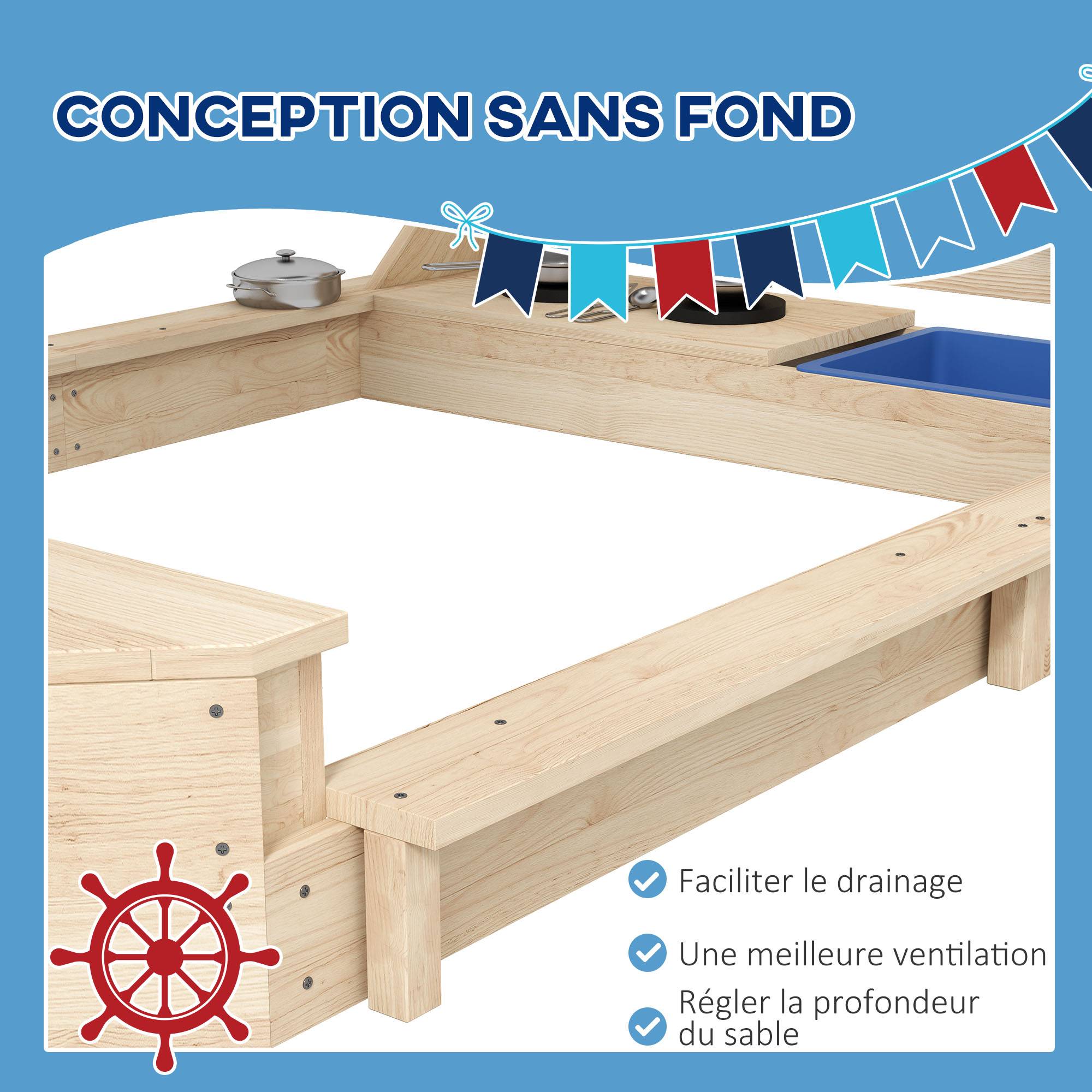 Bac à sable en bois avec jeu de cuisine 6 accessoires coffre rangement gouvernail drapeau 180 x 103 x 144,5 cm naturel - Image 7