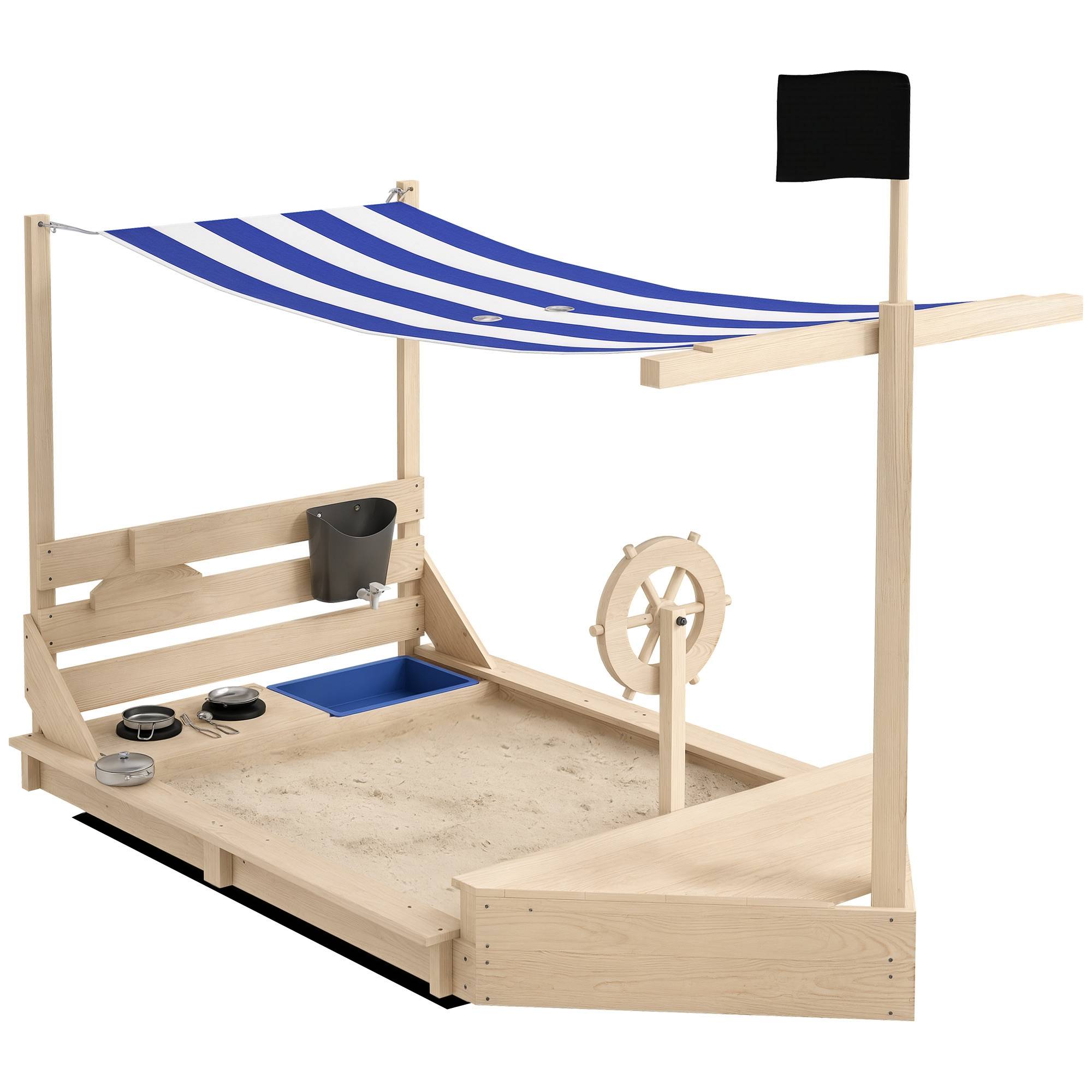 Bac à sable en bois avec jeu de cuisine 6 accessoires coffre rangement gouvernail drapeau 180 x 103 x 144,5 cm naturel