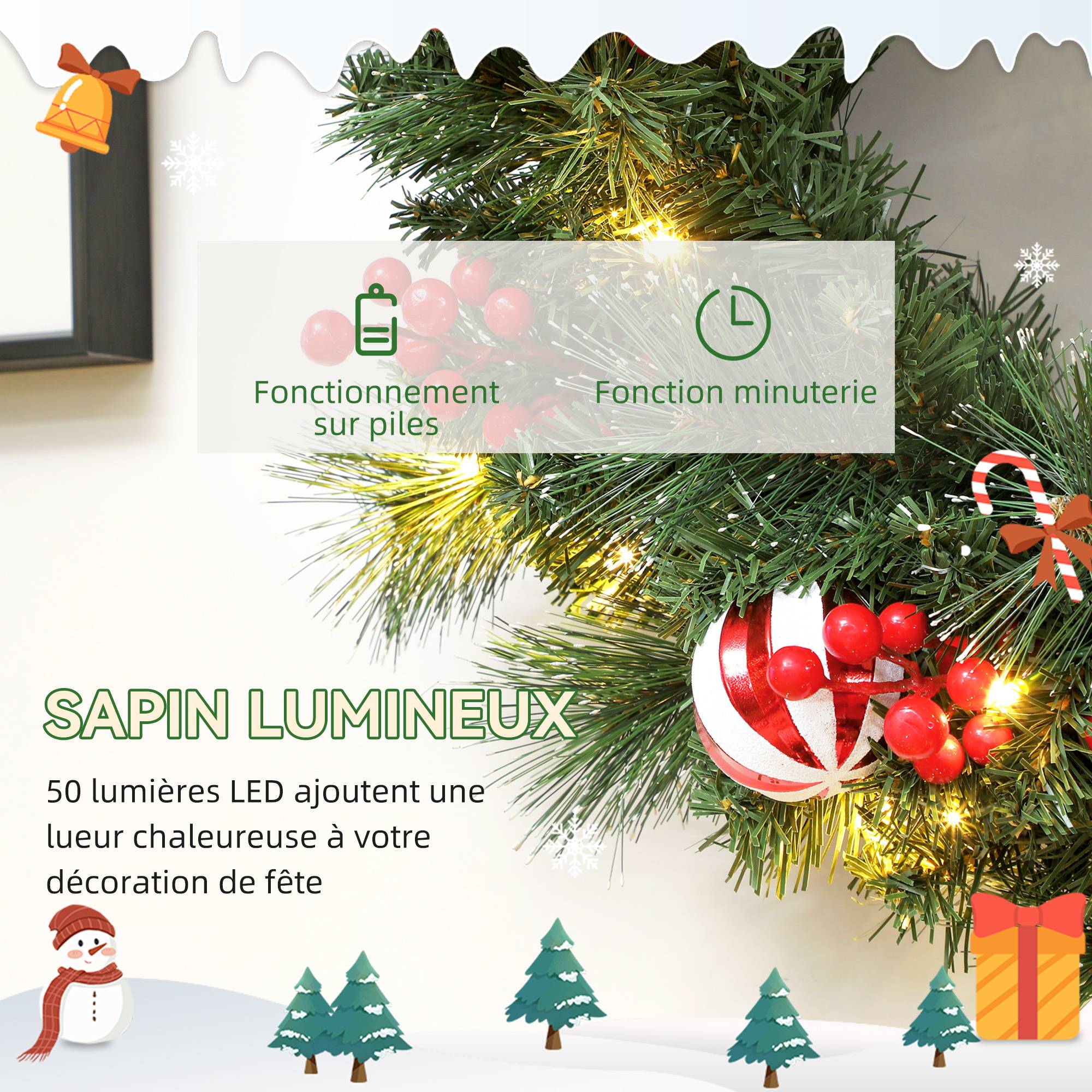 Couronne Noël lumineuse 60cm, 50 LED, minuterie, 146 branches, pommes pin, baies, boules, vert - Image 7