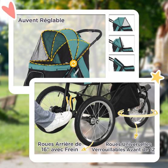 ComfortXL - Poussette pour chien pliable en acier et tissu Oxford vert foncé 111 x 58 x 107 cm tout terrain avec auvent - Image 7