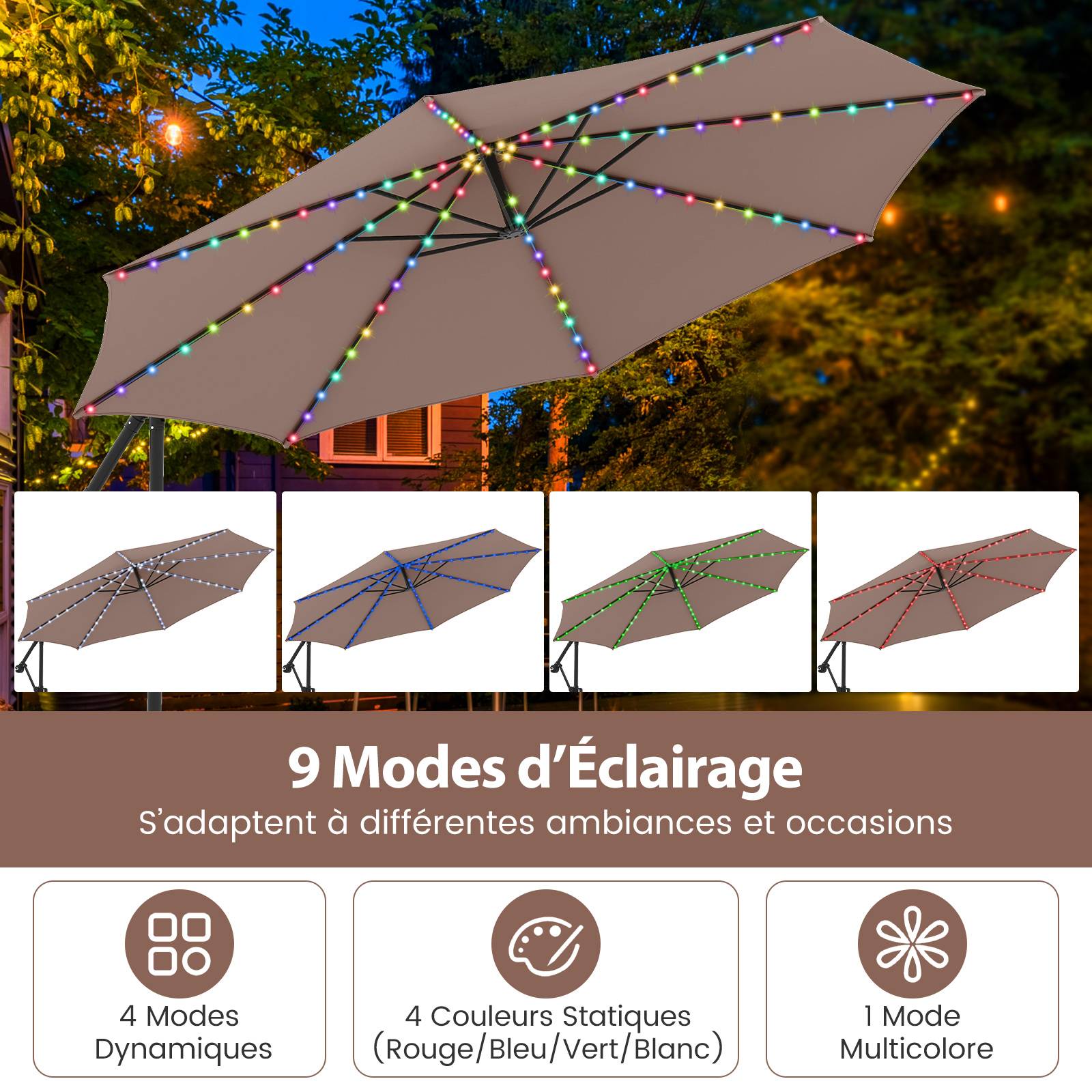 Costway - Parasol Déporté Solaire 3 M avec Base, Parasol Inclinable avec Lumières LED, 9 Modes, Rotation à 360°, Manivelle, Auvent, Marron - Image 4