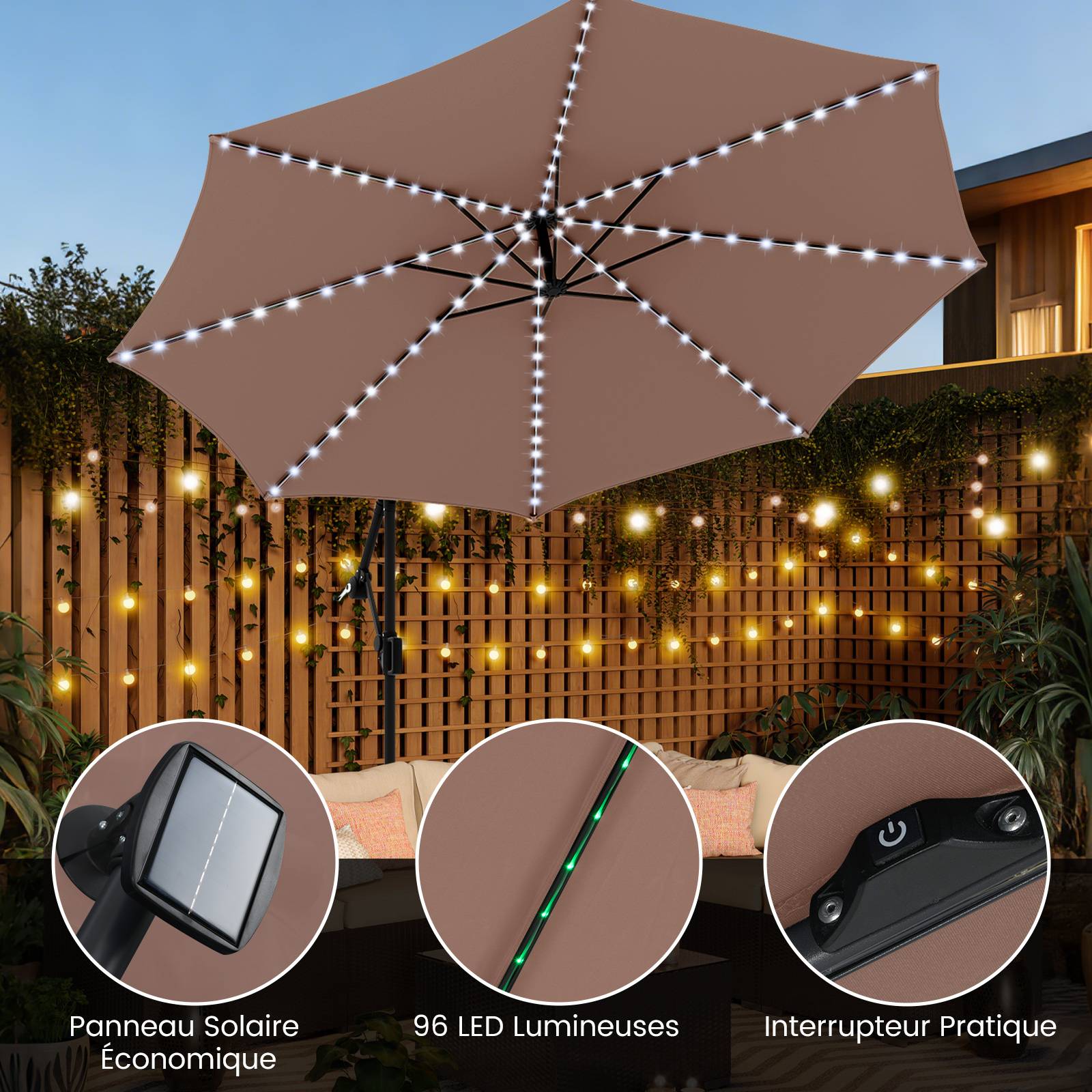 Costway - Parasol Déporté Solaire 3 M avec Base, Parasol Inclinable avec Lumières LED, 9 Modes, Rotation à 360°, Manivelle, Auvent, Marron - Image 5