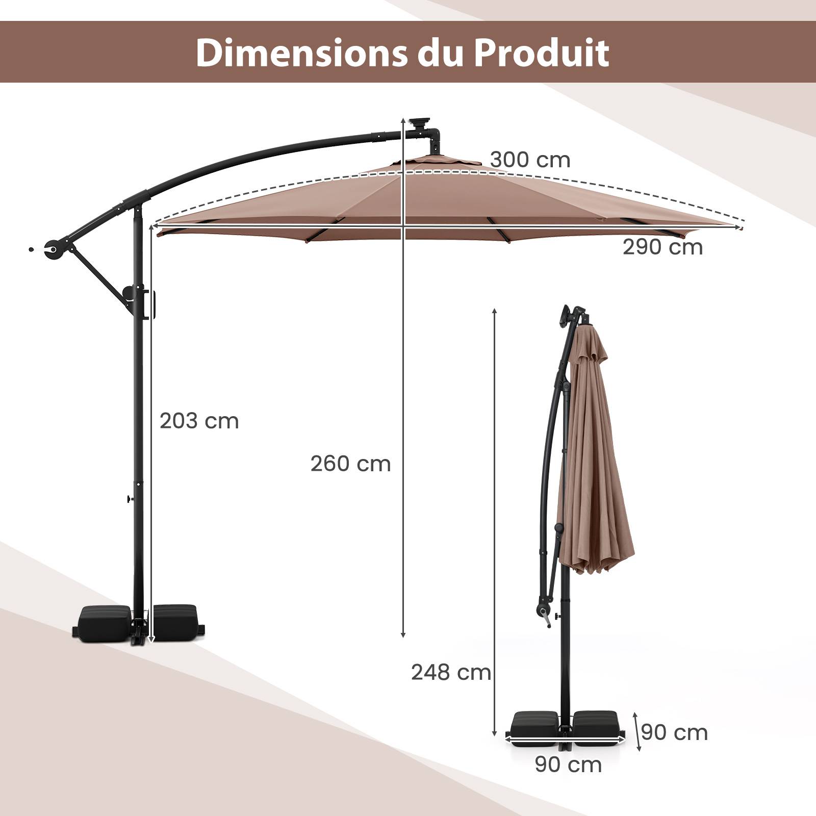 Costway - Parasol Déporté Solaire 3 M avec Base, Parasol Inclinable avec Lumières LED, 9 Modes, Rotation à 360°, Manivelle, Auvent, Marron - Image 2