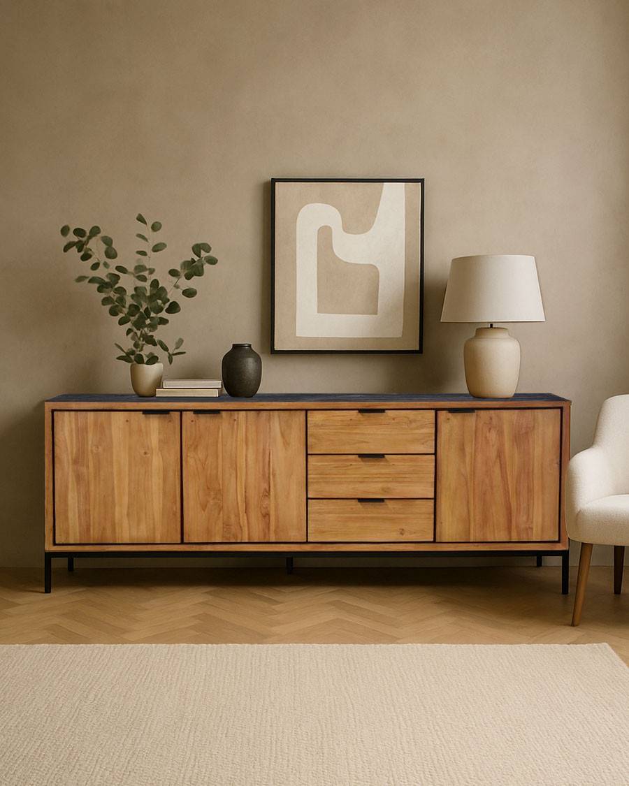 Indra grand - Grand buffet bas en teck recyclé bicolore 200 cm - UNIQKA - Image 2
