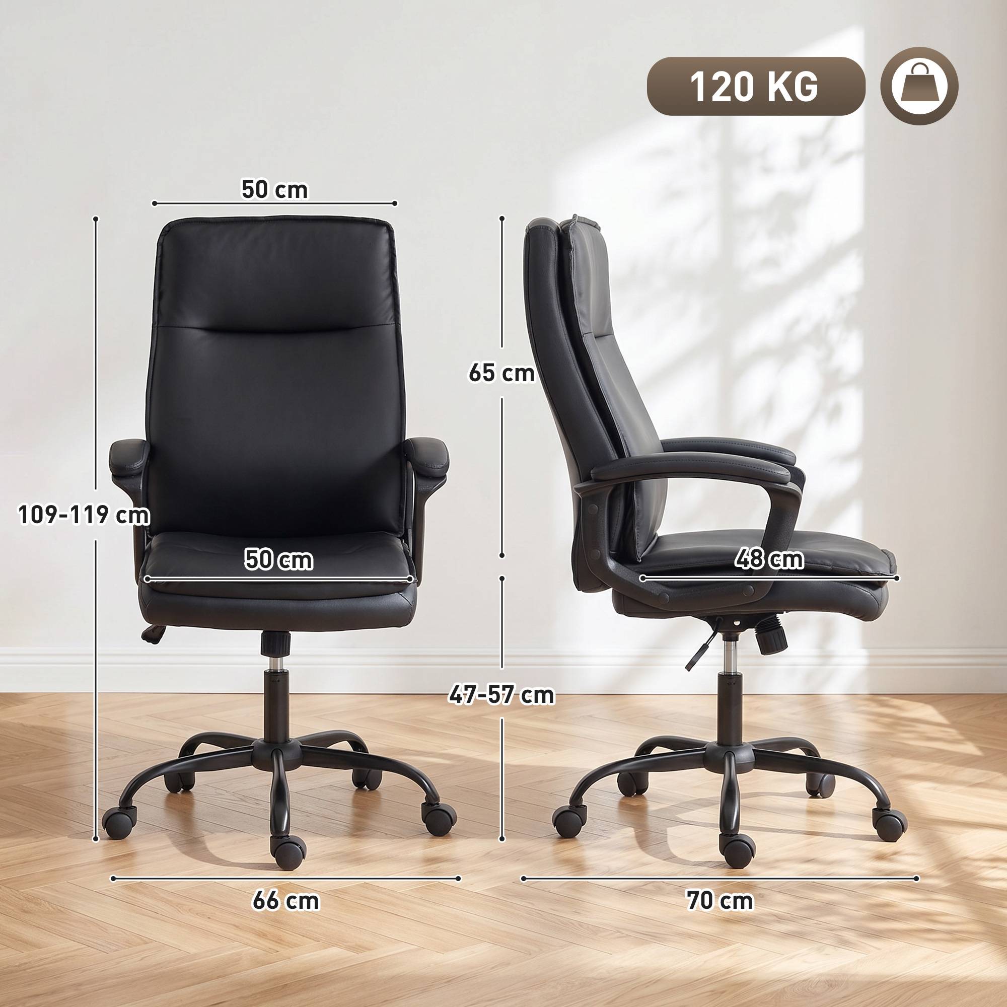 Sans Marque - Chaise bureau ergonomique, fauteuil de bureau en PU, hauteur réglable, fonction bascule, pivotante 360°, noir - Image 5