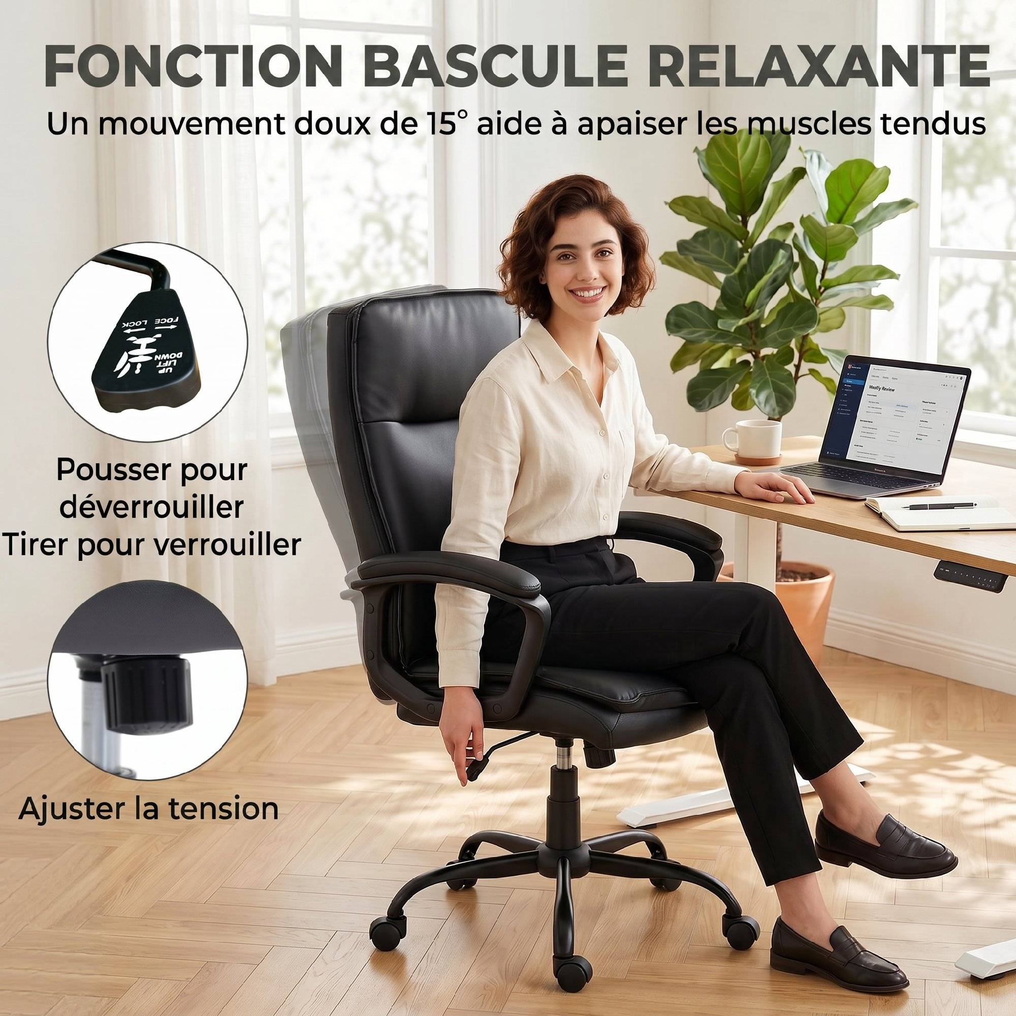 Sans Marque - Chaise bureau ergonomique, fauteuil de bureau en PU, hauteur réglable, fonction bascule, pivotante 360°, noir - Image 8