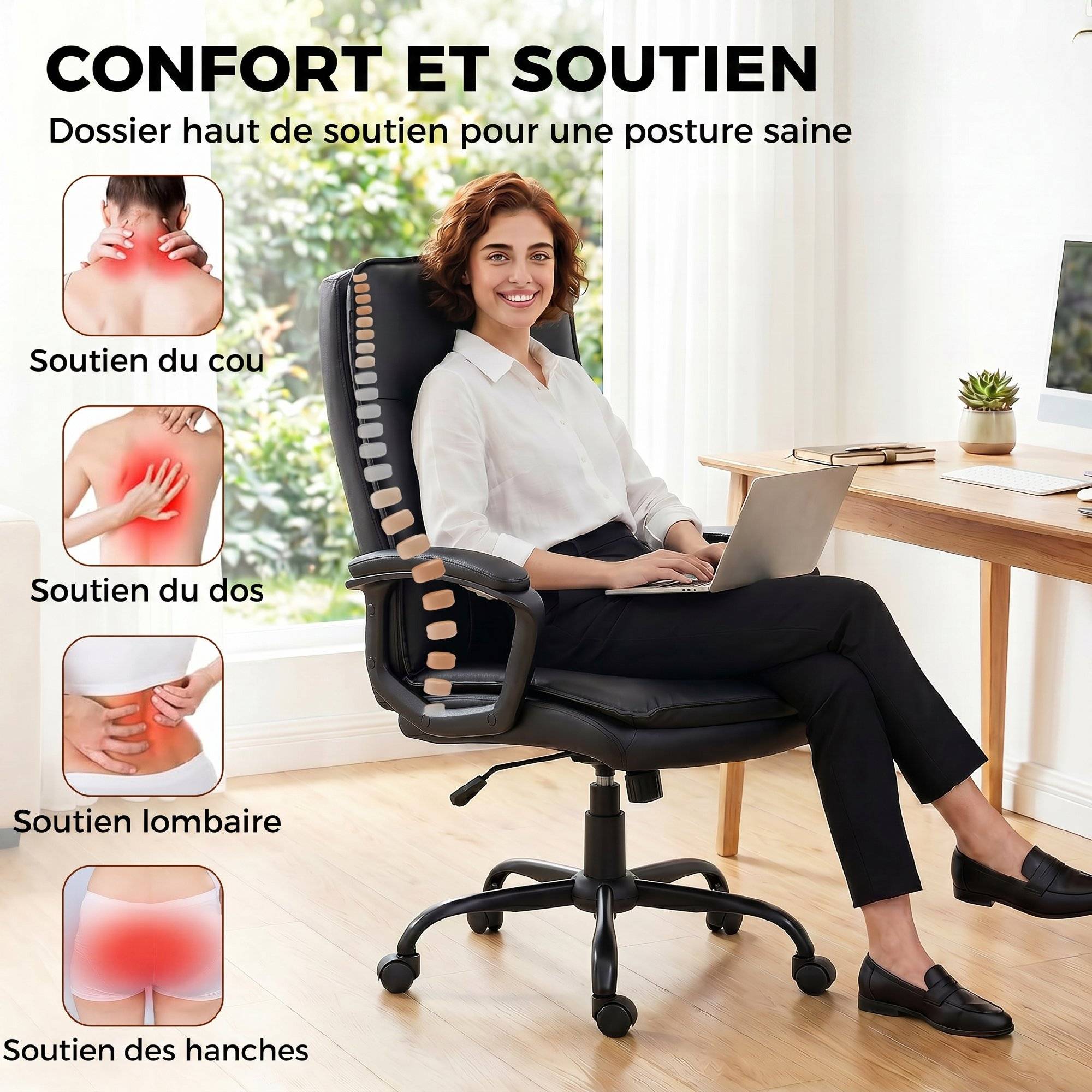 Sans Marque - Chaise bureau ergonomique, fauteuil de bureau en PU, hauteur réglable, fonction bascule, pivotante 360°, noir - Image 6
