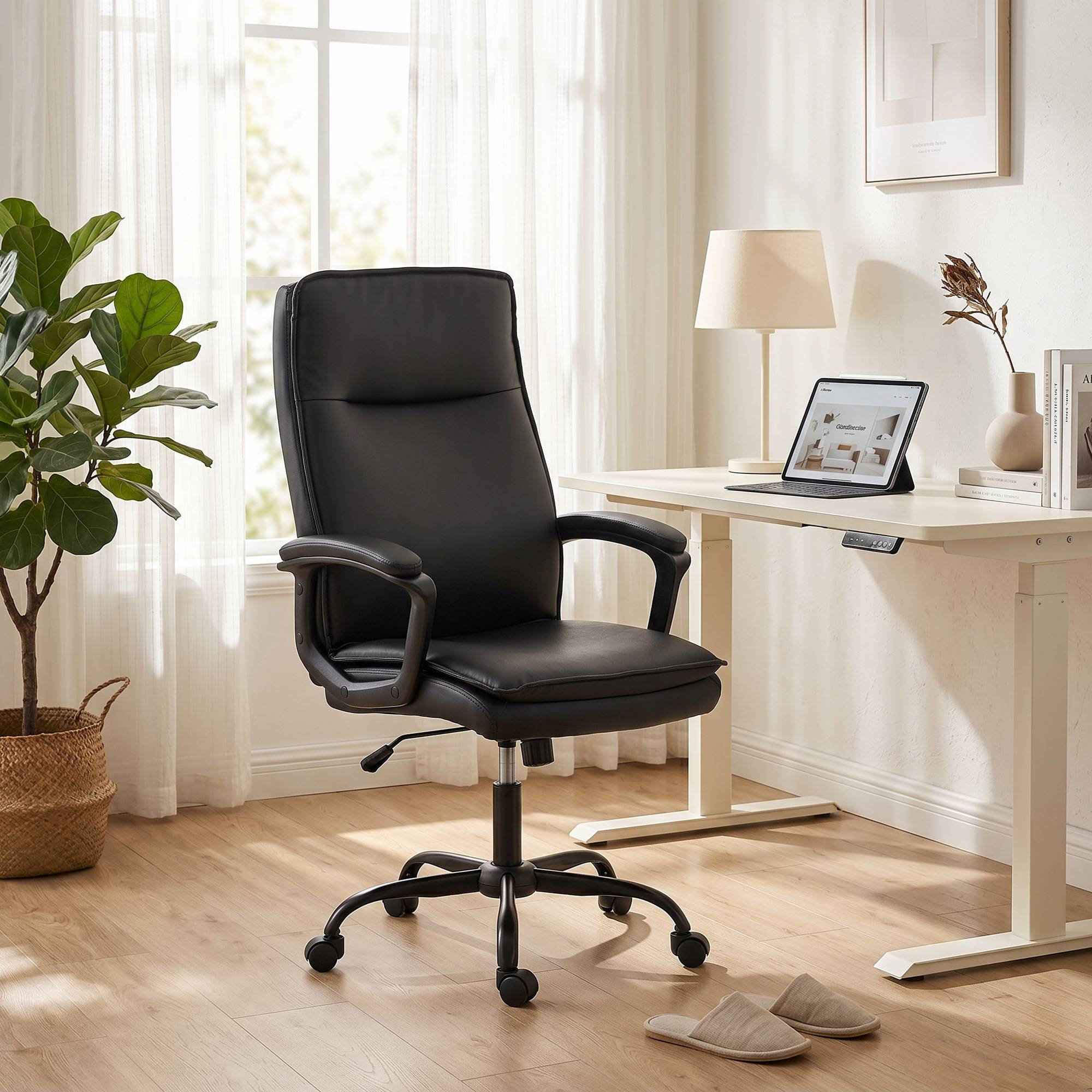 Sans Marque - Chaise bureau ergonomique, fauteuil de bureau en PU, hauteur réglable, fonction bascule, pivotante 360°, noir - Image 10