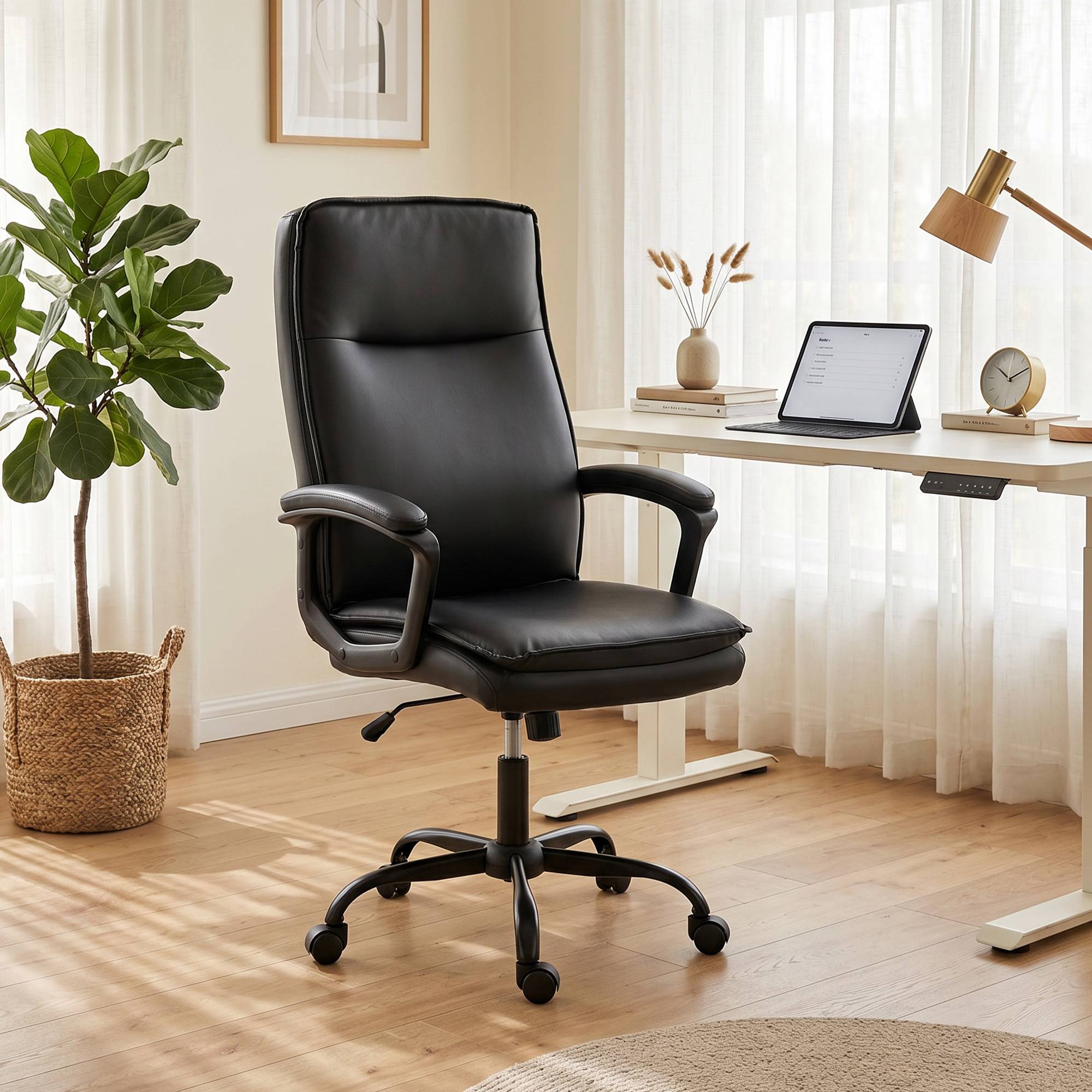 Sans Marque - Chaise bureau ergonomique, fauteuil de bureau en PU, hauteur réglable, fonction bascule, pivotante 360°, noir - Image 4