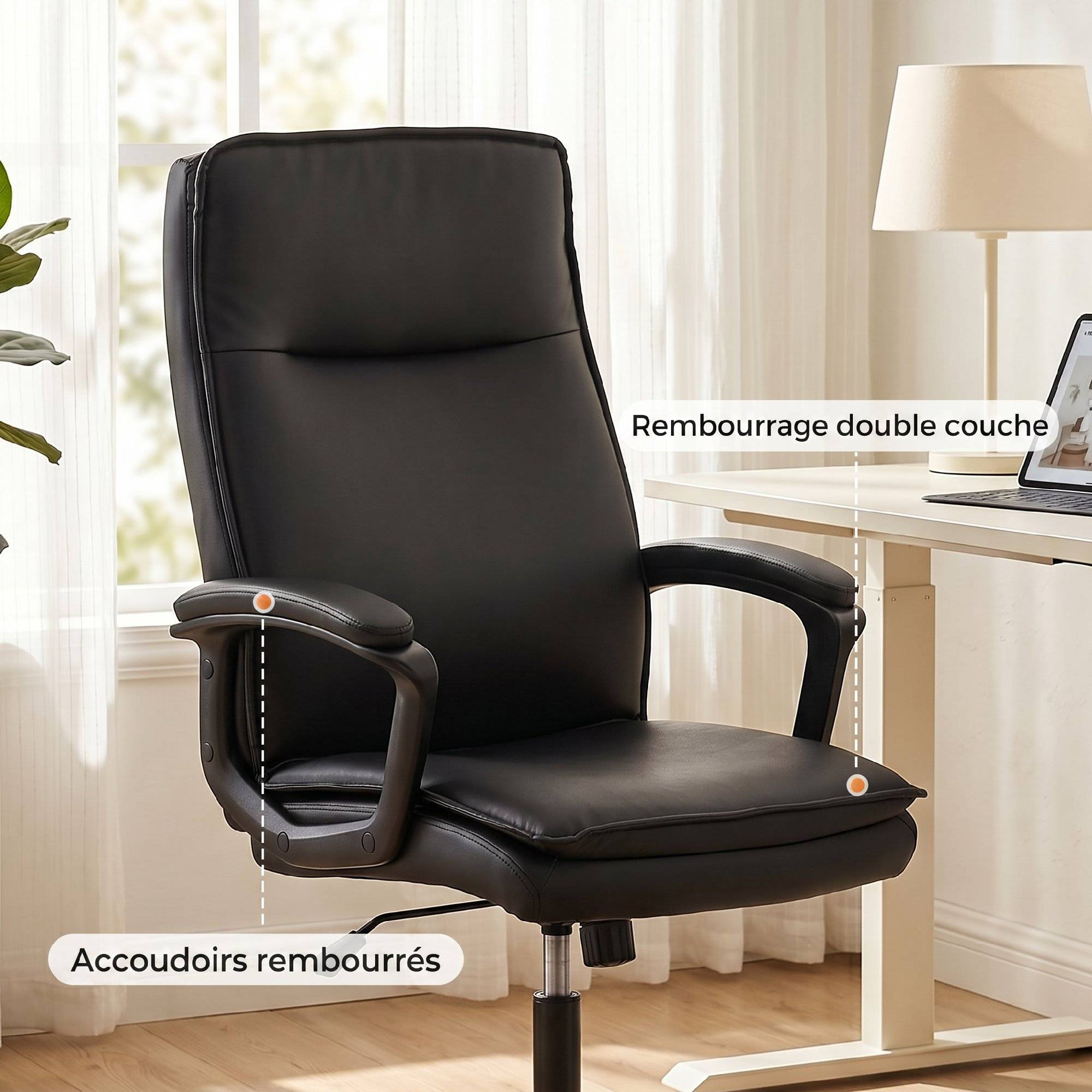 Sans Marque - Chaise bureau ergonomique, fauteuil de bureau en PU, hauteur réglable, fonction bascule, pivotante 360°, noir - Image 9