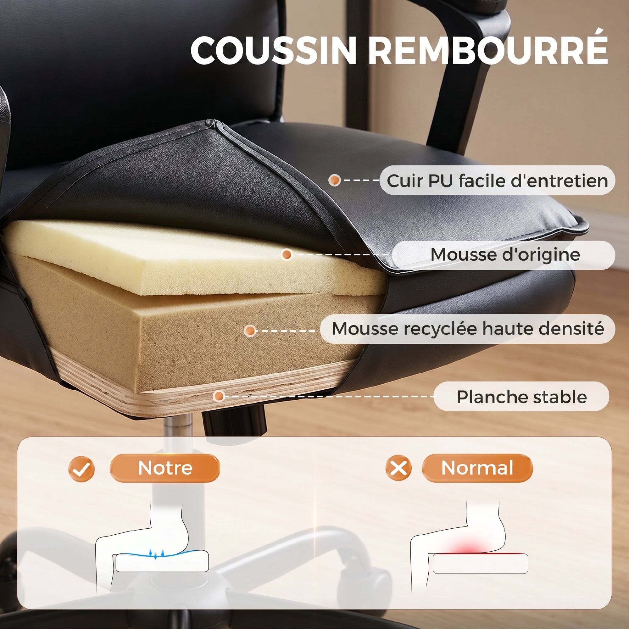 Sans Marque - Chaise bureau ergonomique, fauteuil de bureau en PU, hauteur réglable, fonction bascule, pivotante 360°, noir - Image 7