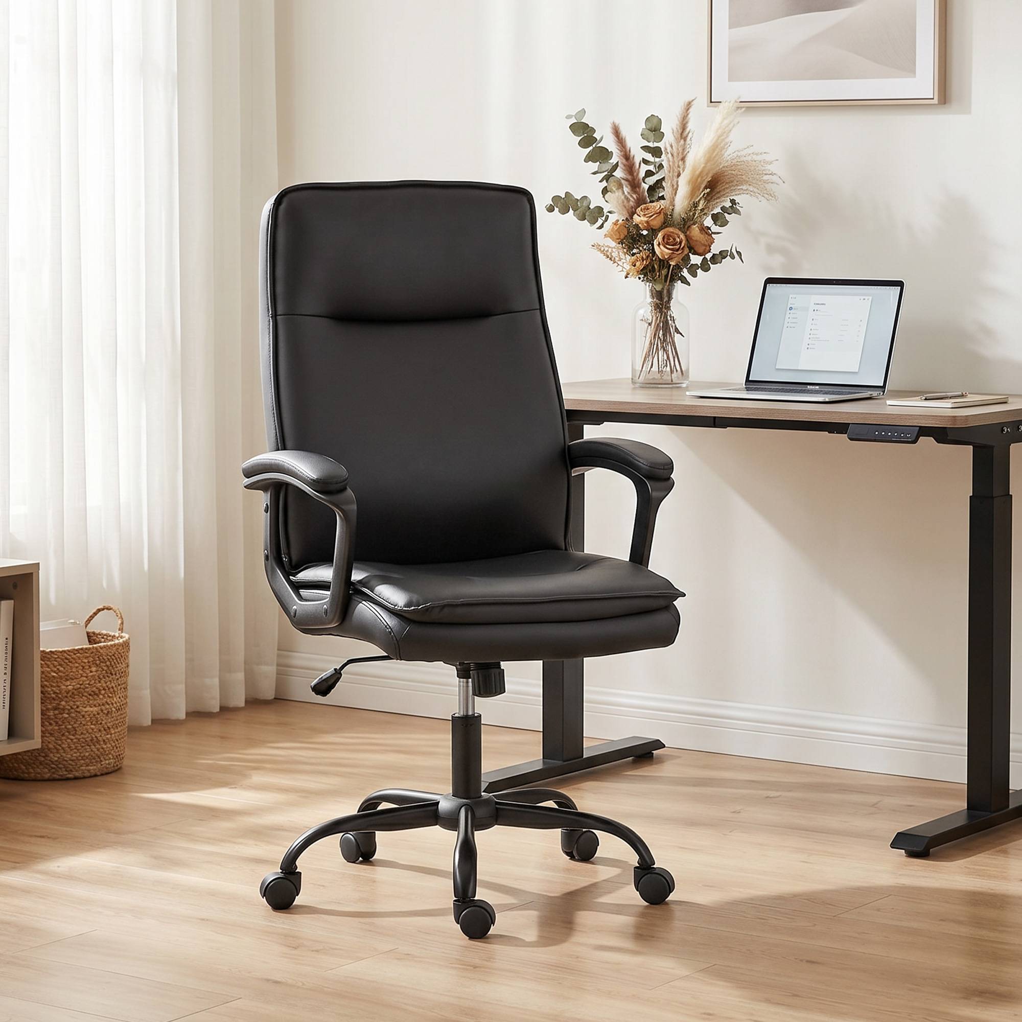 Sans Marque - Chaise bureau ergonomique, fauteuil de bureau en PU, hauteur réglable, fonction bascule, pivotante 360°, noir - Image 3