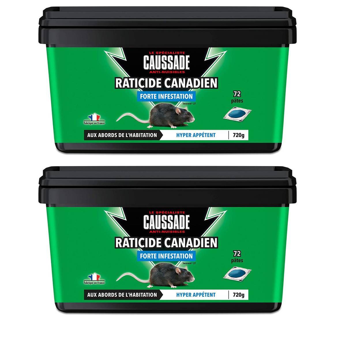Pack de 2 seaux  de Raticide Canadien Pat'Appât Forte infestation boite de 720 grs ( 72 x 10grs ) - Image 1