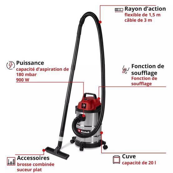 Einhell - Aspirateur eau et poussières inox – TC-VC 2045 S – 900 W – Cuve 20 L – Fonction soufflage Einhell - Image 3