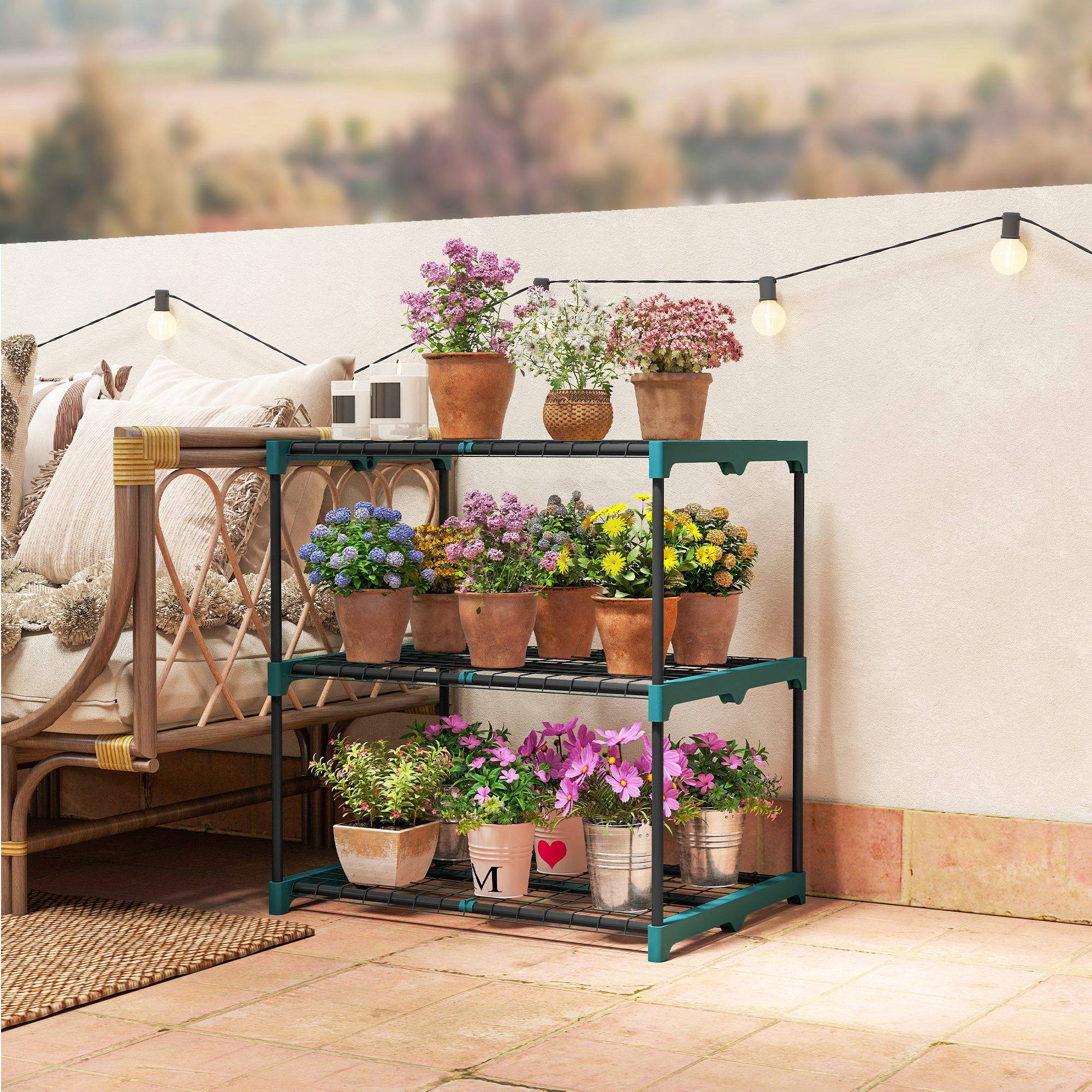 Support à plantes 3 niveaux 72 cm étagère acier intérieur extérieur vert foncé jardin balcon fleurs - Image 4
