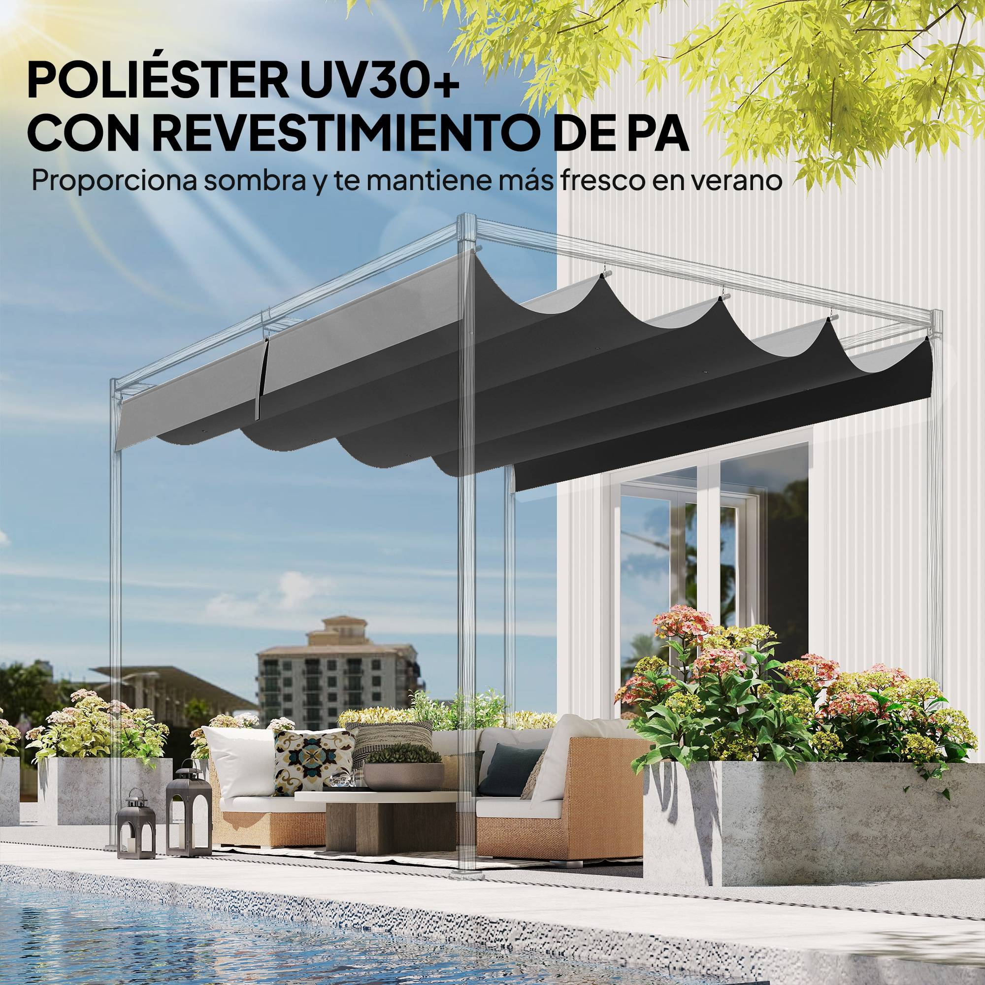 ComfortXL - Toile de Rechange pour Pergola 4x3m Rétractable Polyester Anti-UV avec Trous Drainage Gris Foncé - ComfortXL Outdoor Living - Image 7