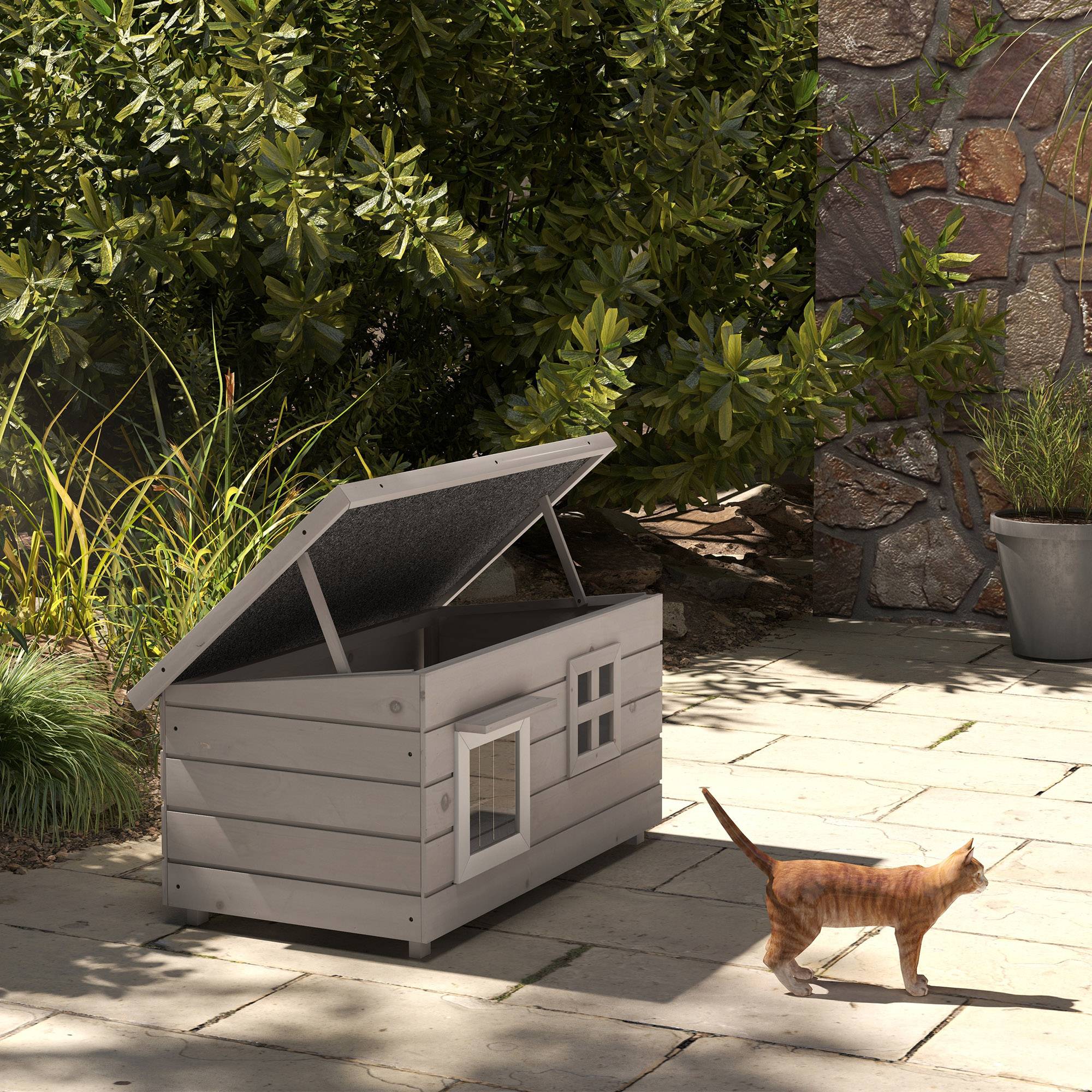 Sans Marque - Maison Bois étanche toit bitume couvercle rabattable fenêtre hivernale abri ext jardin balcon 87x52x44cm Gris - Image 3