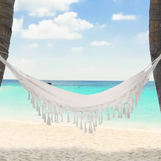 Hamac suspendu bohème coton jardin plage relaxation 288x150cm beige crème - ComfortXL Outdoor Living - Image 4
