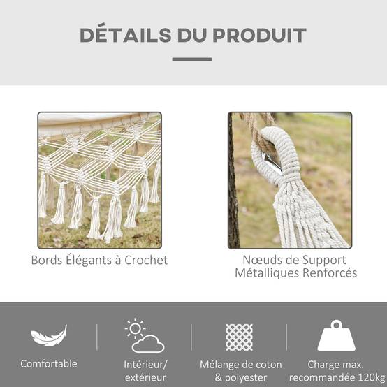 Hamac suspendu bohème coton jardin plage relaxation 288x150cm beige crème - ComfortXL Outdoor Living - Image 6
