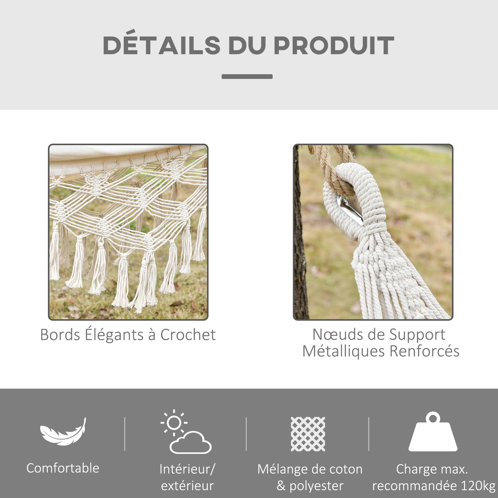 Hamac suspendu bohème coton jardin plage relaxation 288x150cm beige crème - ComfortXL Outdoor Living - Image 6