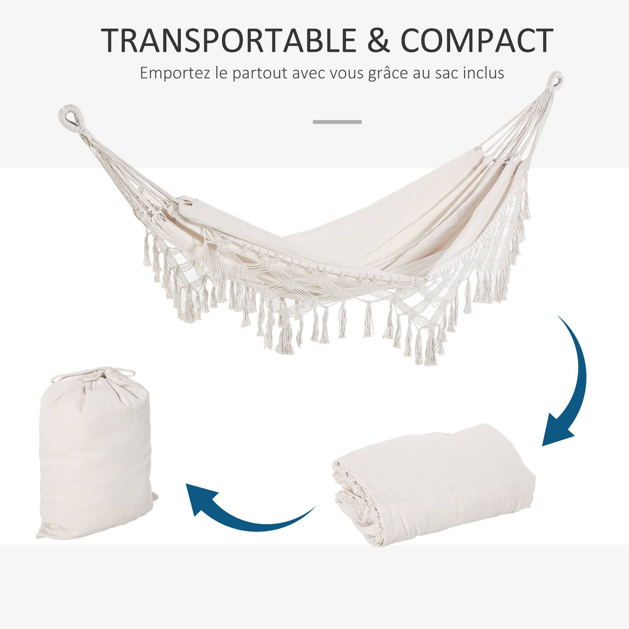Hamac suspendu bohème coton jardin plage relaxation 288x150cm beige crème - ComfortXL Outdoor Living - Image 7
