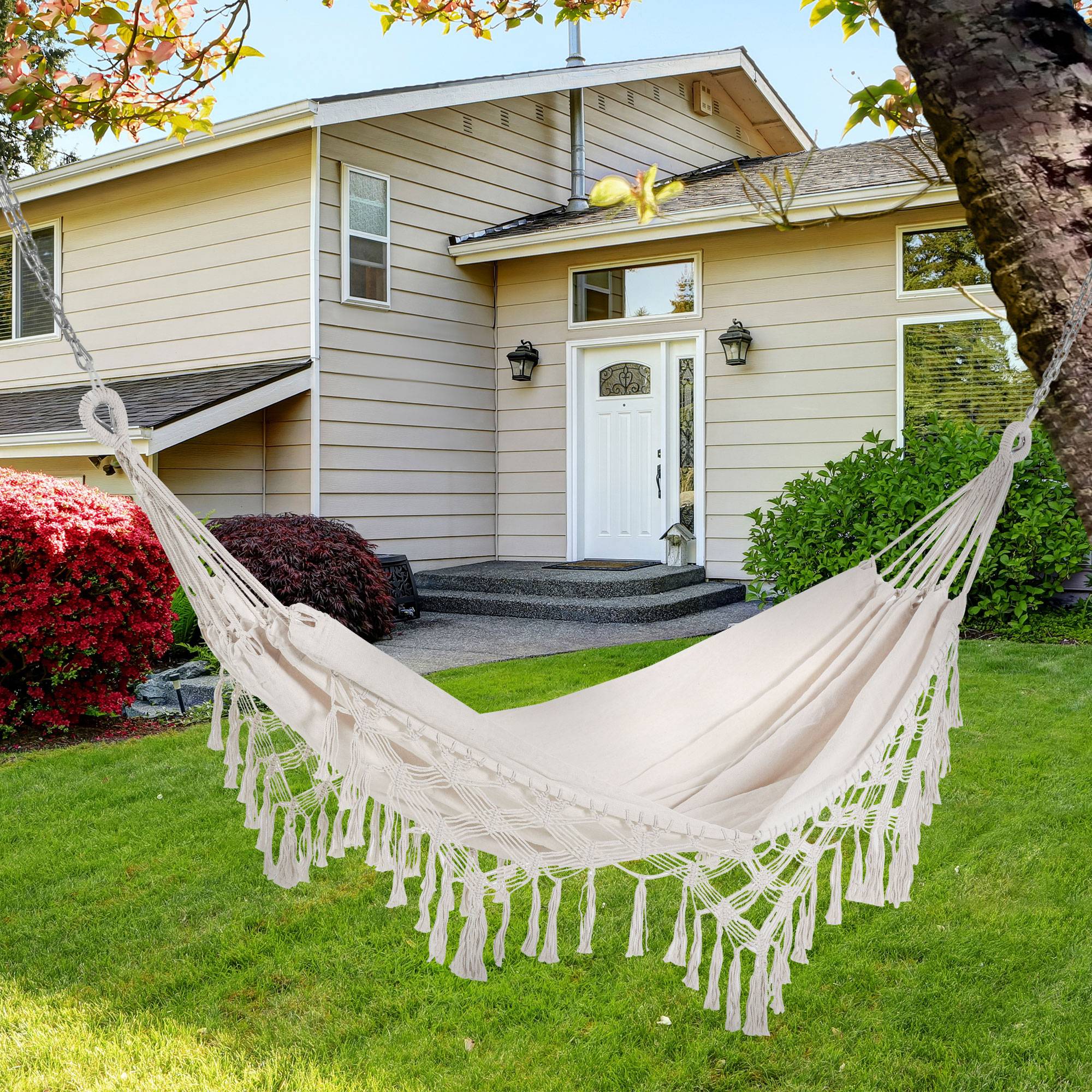 Hamac suspendu bohème coton jardin plage relaxation 288x150cm beige crème - ComfortXL Outdoor Living - Image 3