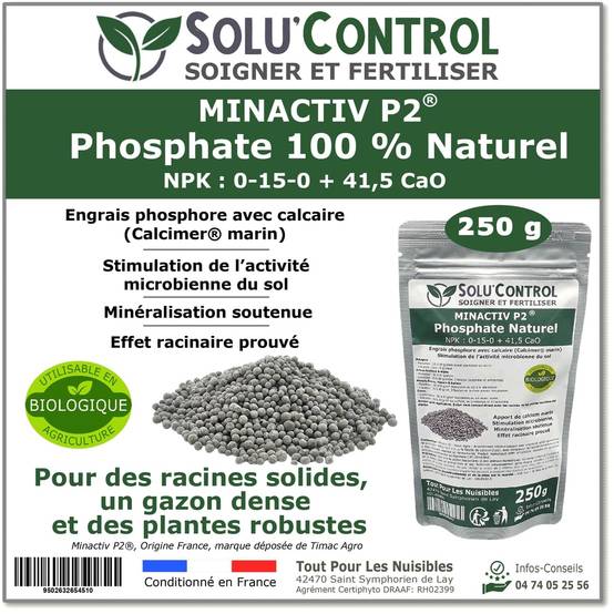 SOLU’CONTROL - 250 g de Minactiv P2® – Engrais phosphate naturel – Avec Calcimer® marin et stimulateur microbien – Racines solides, gazon dense - Image 1