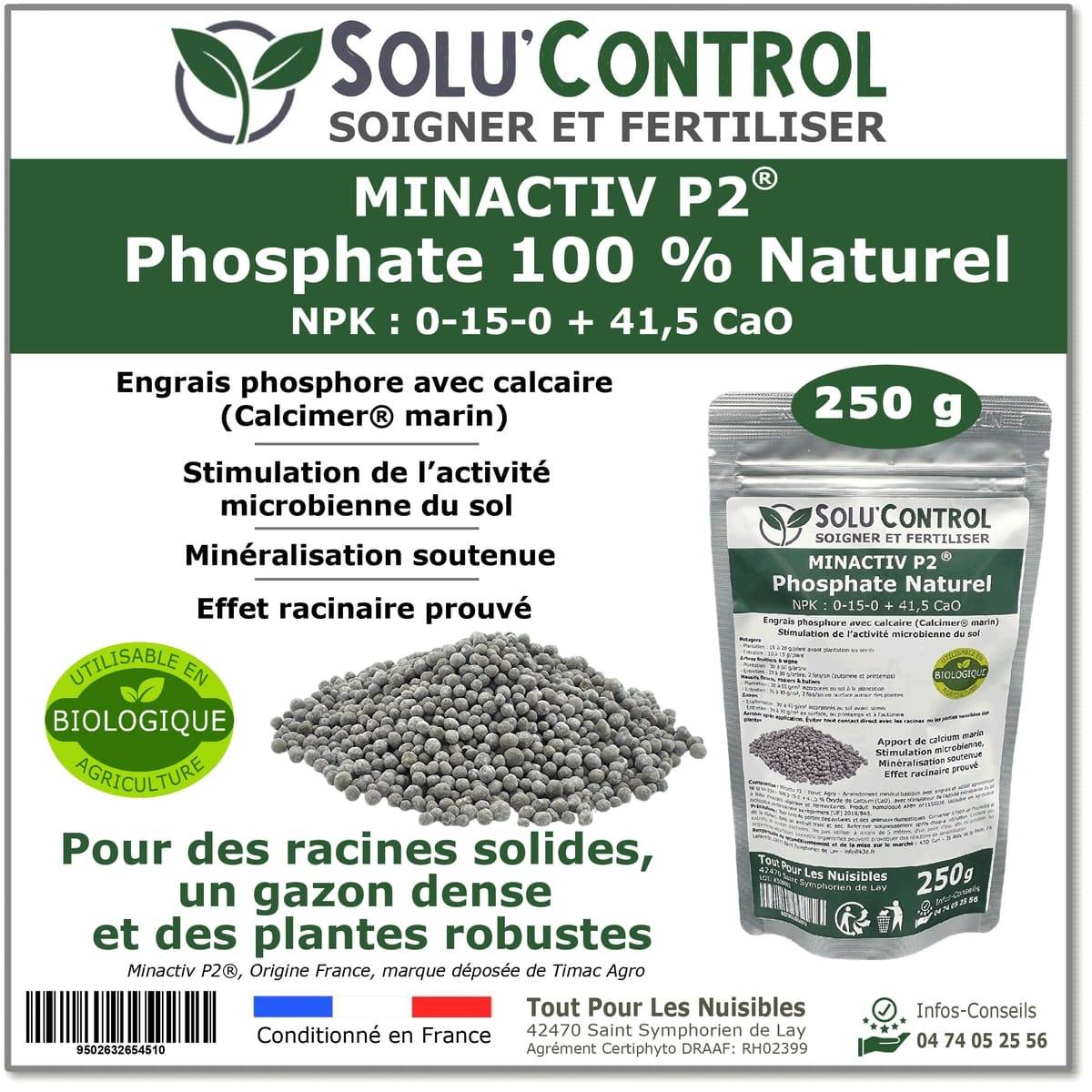 SOLU’CONTROL - 250 g de Minactiv P2® – Engrais phosphate naturel – Avec Calcimer® marin et stimulateur microbien – Racines solides, gazon dense - Image 1