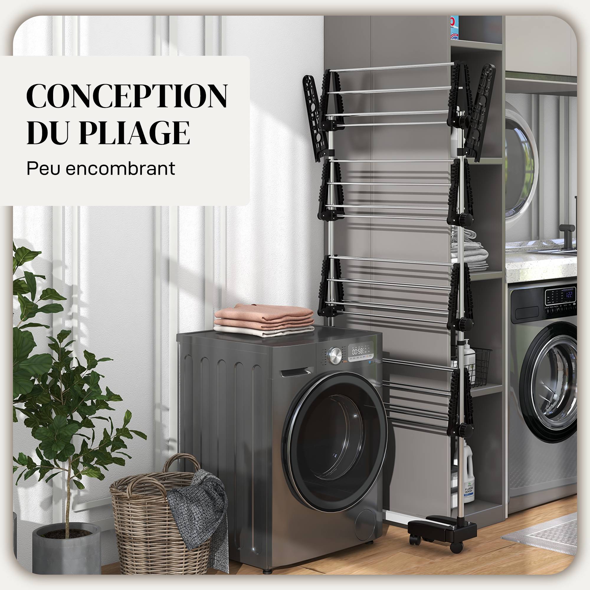 Homcom - Séchoir à linge pliable étendoir intérieur/extérieur 142x55x172 cm 4 niveaux réglables 2 ailes latérales 6 roulettes acier inoxydable noir - HOMCOM - Image 5