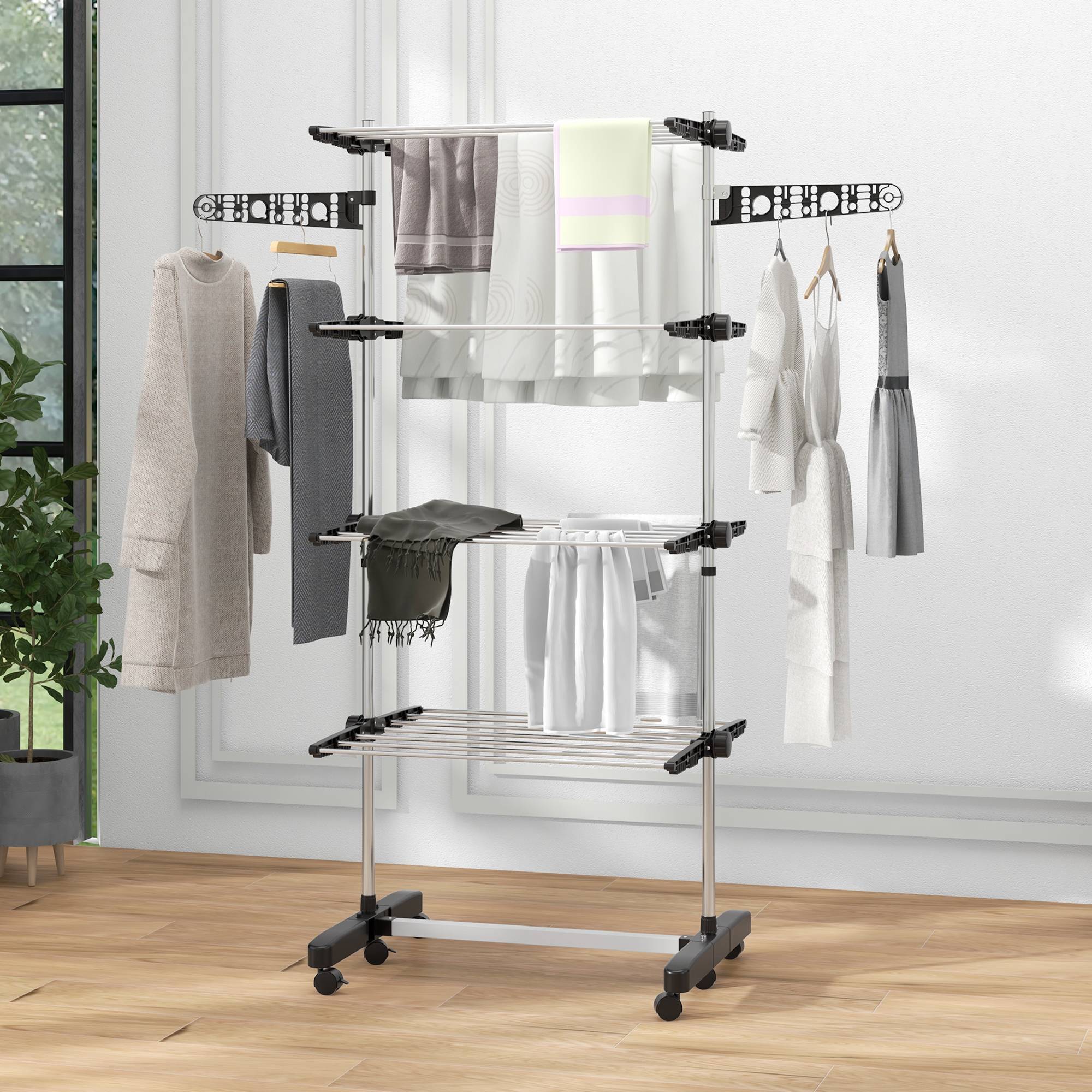 Homcom - Séchoir à linge pliable étendoir intérieur/extérieur 142x55x172 cm 4 niveaux réglables 2 ailes latérales 6 roulettes acier inoxydable noir - HOMCOM - Image 4