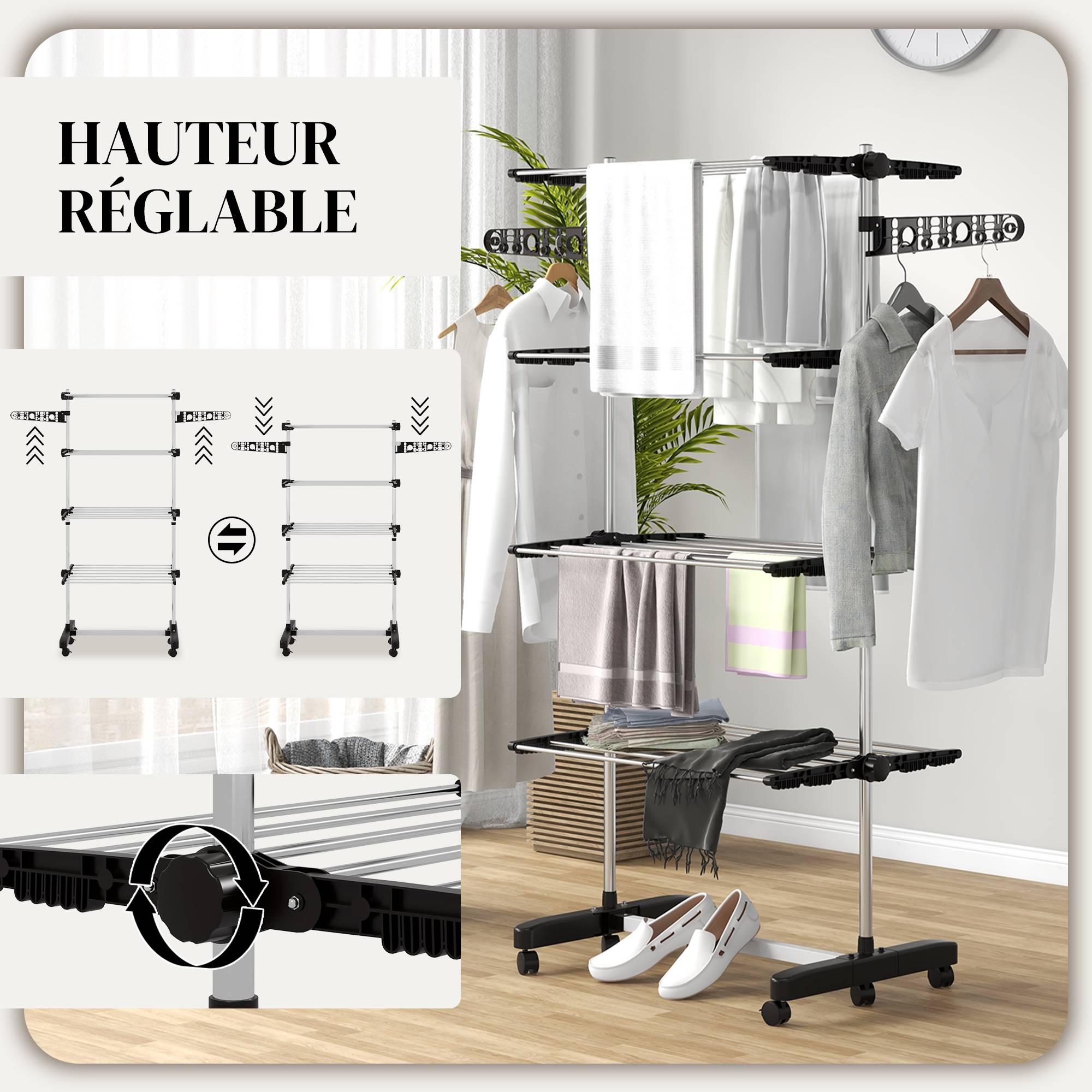 Homcom - Séchoir à linge pliable étendoir intérieur/extérieur 142x55x172 cm 4 niveaux réglables 2 ailes latérales 6 roulettes acier inoxydable noir - HOMCOM - Image 6