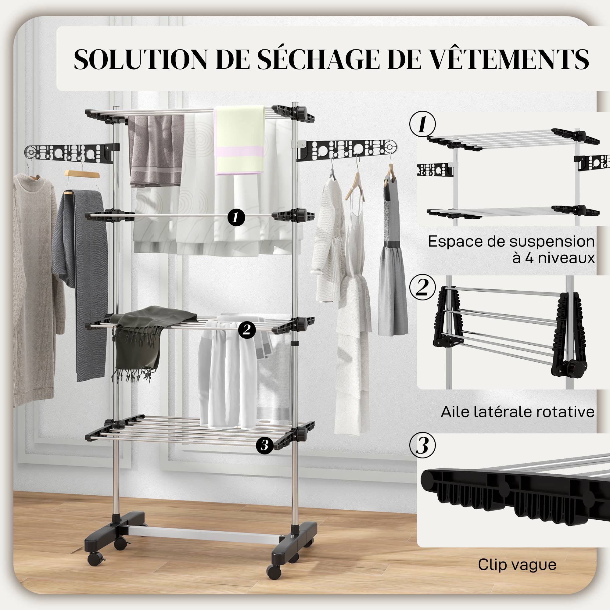 Homcom - Séchoir à linge pliable étendoir intérieur/extérieur 142x55x172 cm 4 niveaux réglables 2 ailes latérales 6 roulettes acier inoxydable noir - HOMCOM - Image 7
