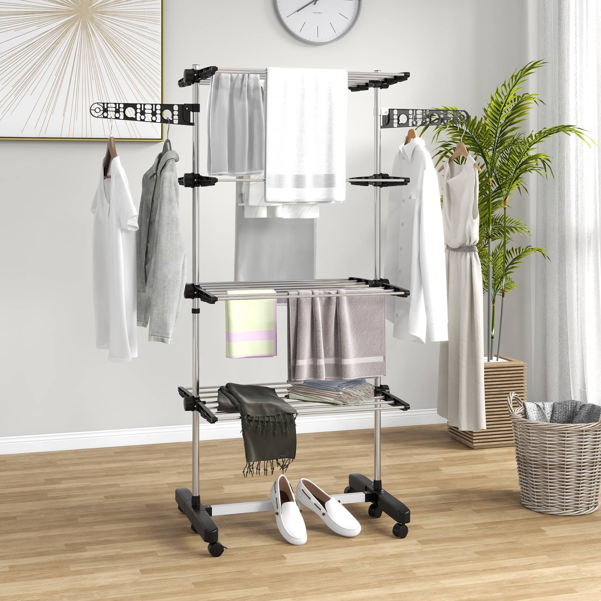 Homcom - Séchoir à linge pliable étendoir intérieur/extérieur 142x55x172 cm 4 niveaux réglables 2 ailes latérales 6 roulettes acier inoxydable noir - HOMCOM - Image 2