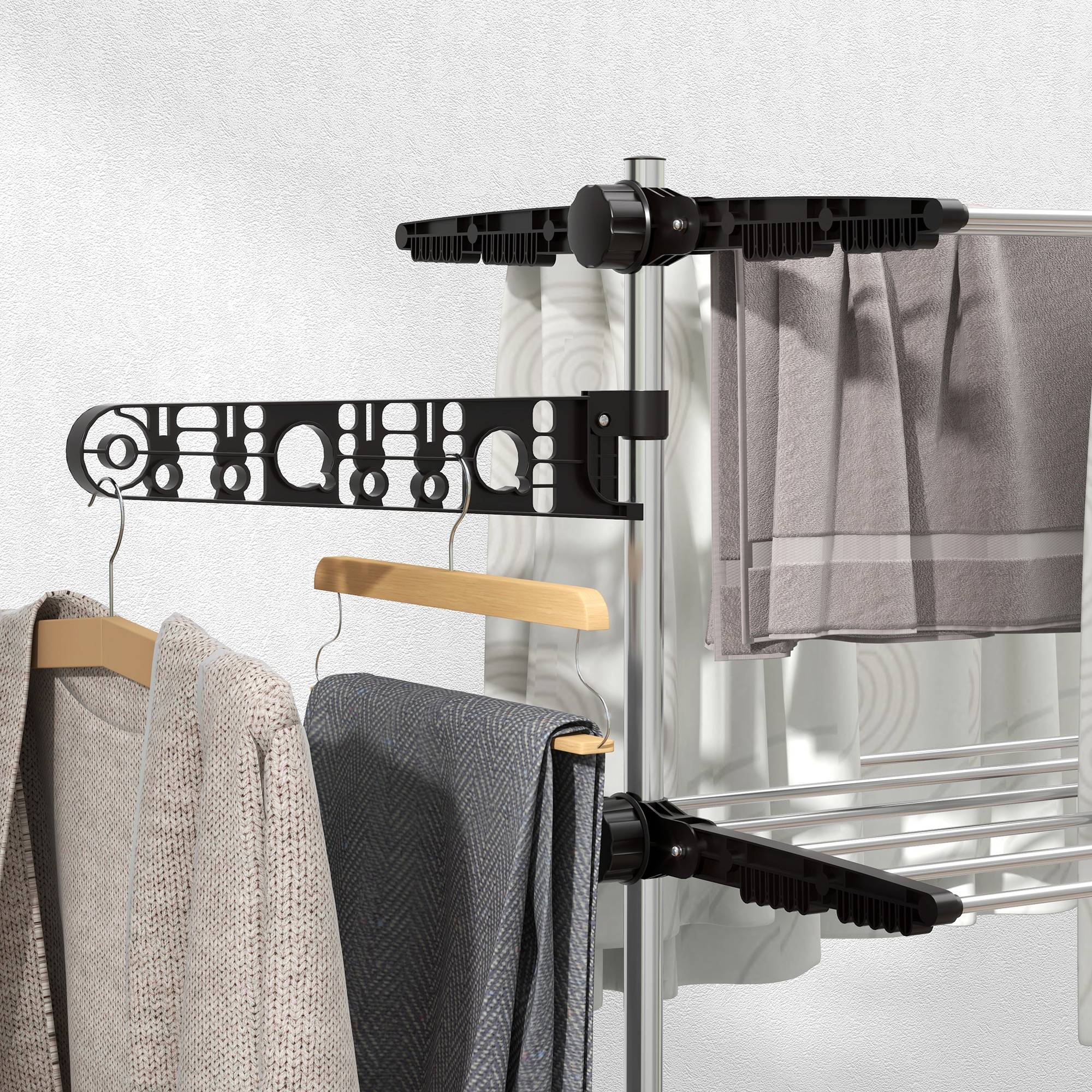 Homcom - Séchoir à linge pliable étendoir intérieur/extérieur 142x55x172 cm 4 niveaux réglables 2 ailes latérales 6 roulettes acier inoxydable noir - HOMCOM - Image 9