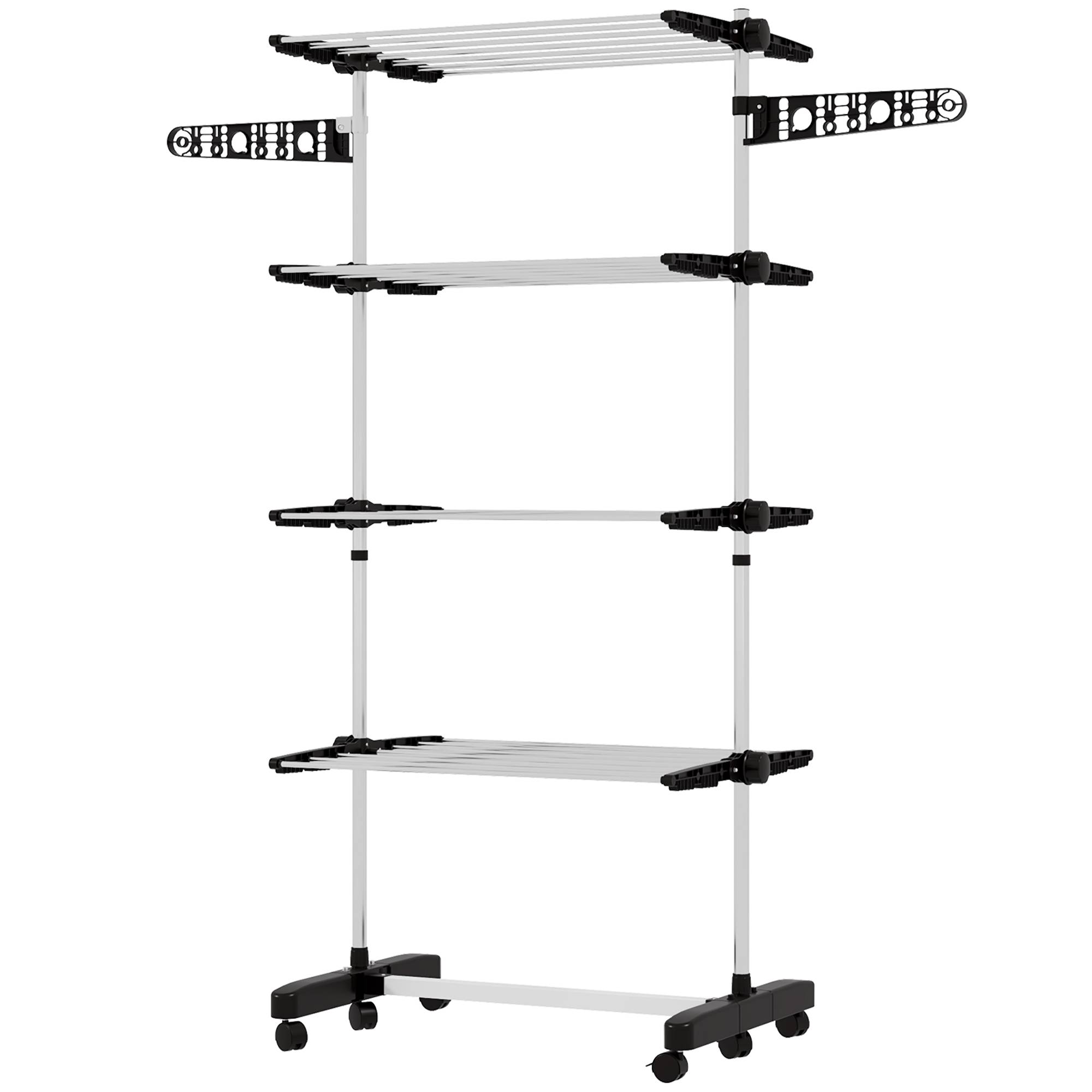 Homcom - Séchoir à linge pliable étendoir intérieur/extérieur 142x55x172 cm 4 niveaux réglables 2 ailes latérales 6 roulettes acier inoxydable noir - HOMCOM - Image 1