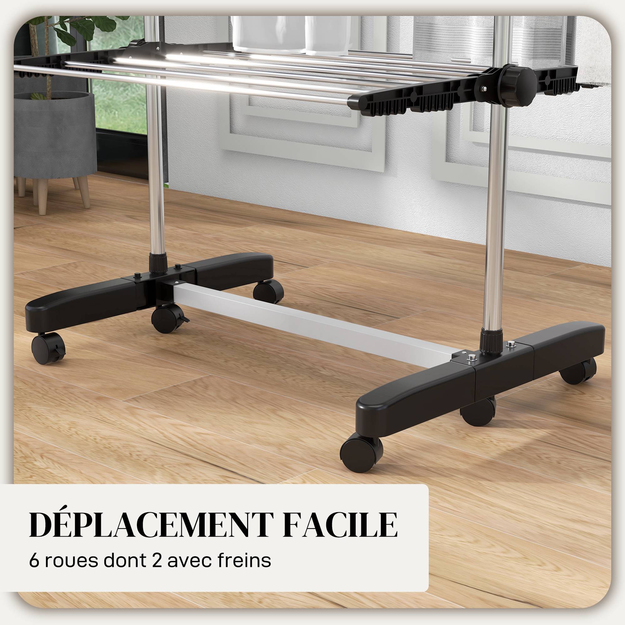 Homcom - Séchoir à linge pliable étendoir intérieur/extérieur 142x55x172 cm 4 niveaux réglables 2 ailes latérales 6 roulettes acier inoxydable noir - HOMCOM - Image 8