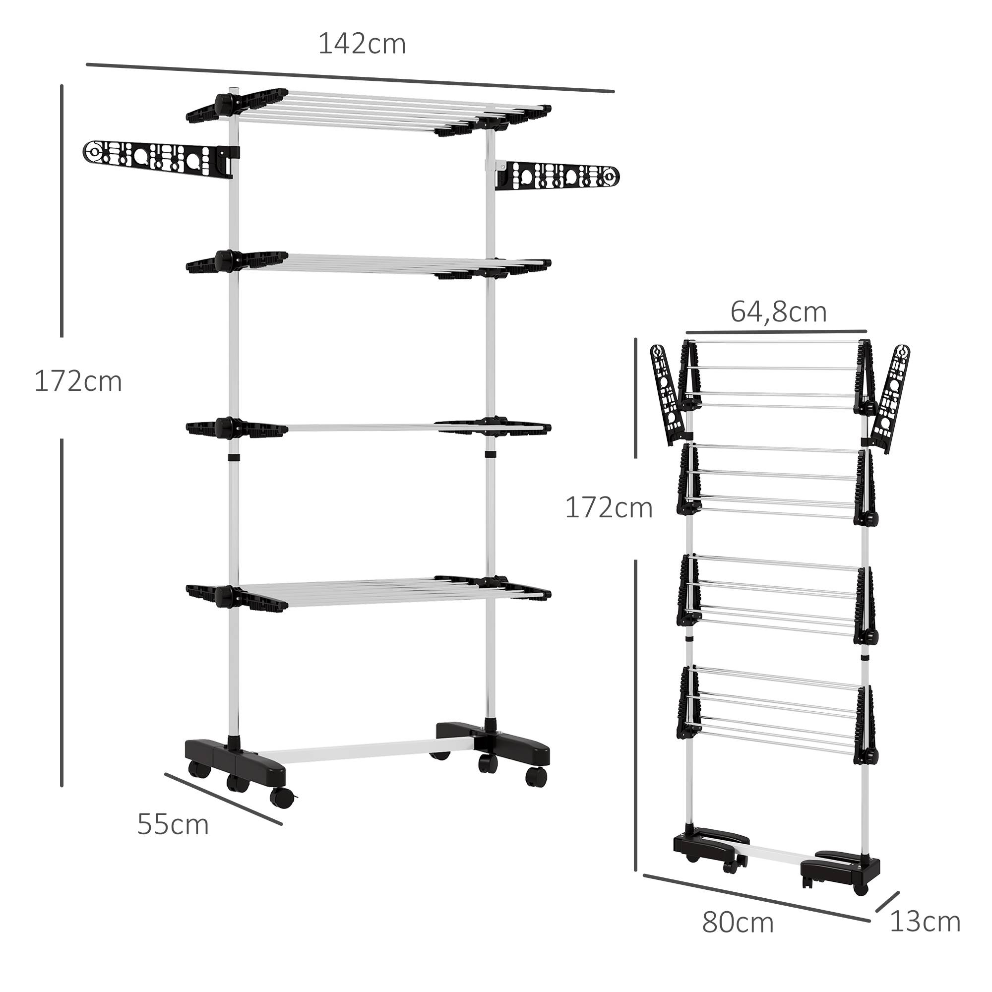 Homcom - Séchoir à linge pliable étendoir intérieur/extérieur 142x55x172 cm 4 niveaux réglables 2 ailes latérales 6 roulettes acier inoxydable noir - HOMCOM - Image 3